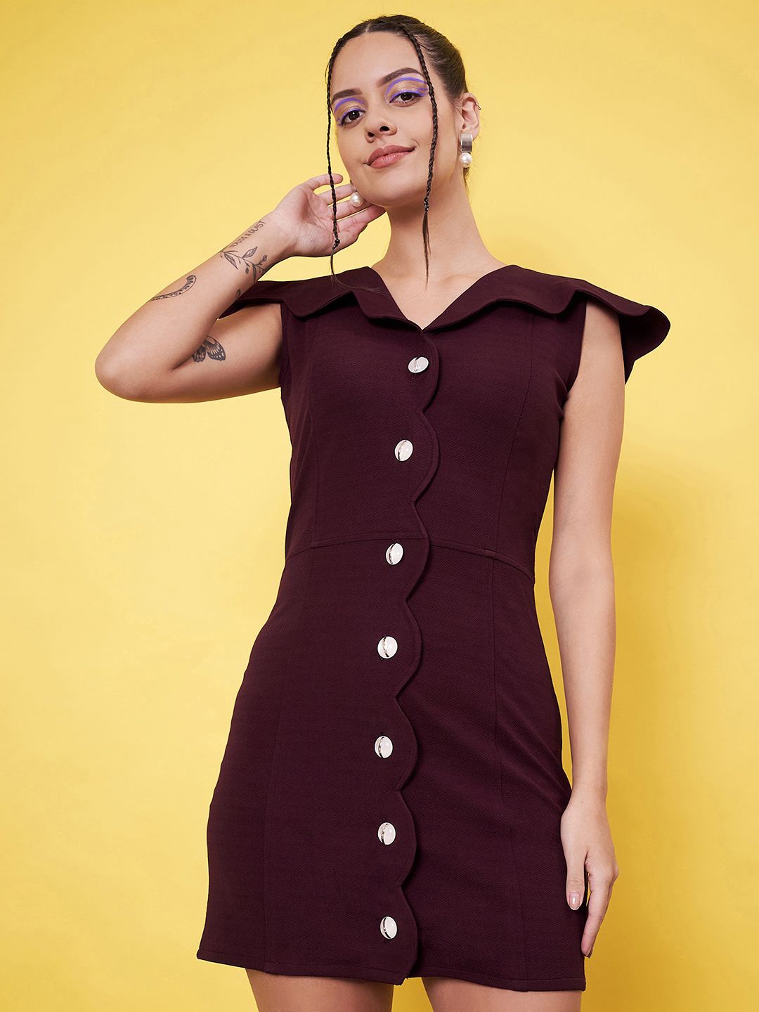

Kannan Solid Short Sleeves V-Neck A-Line Mini Dress, Maroon