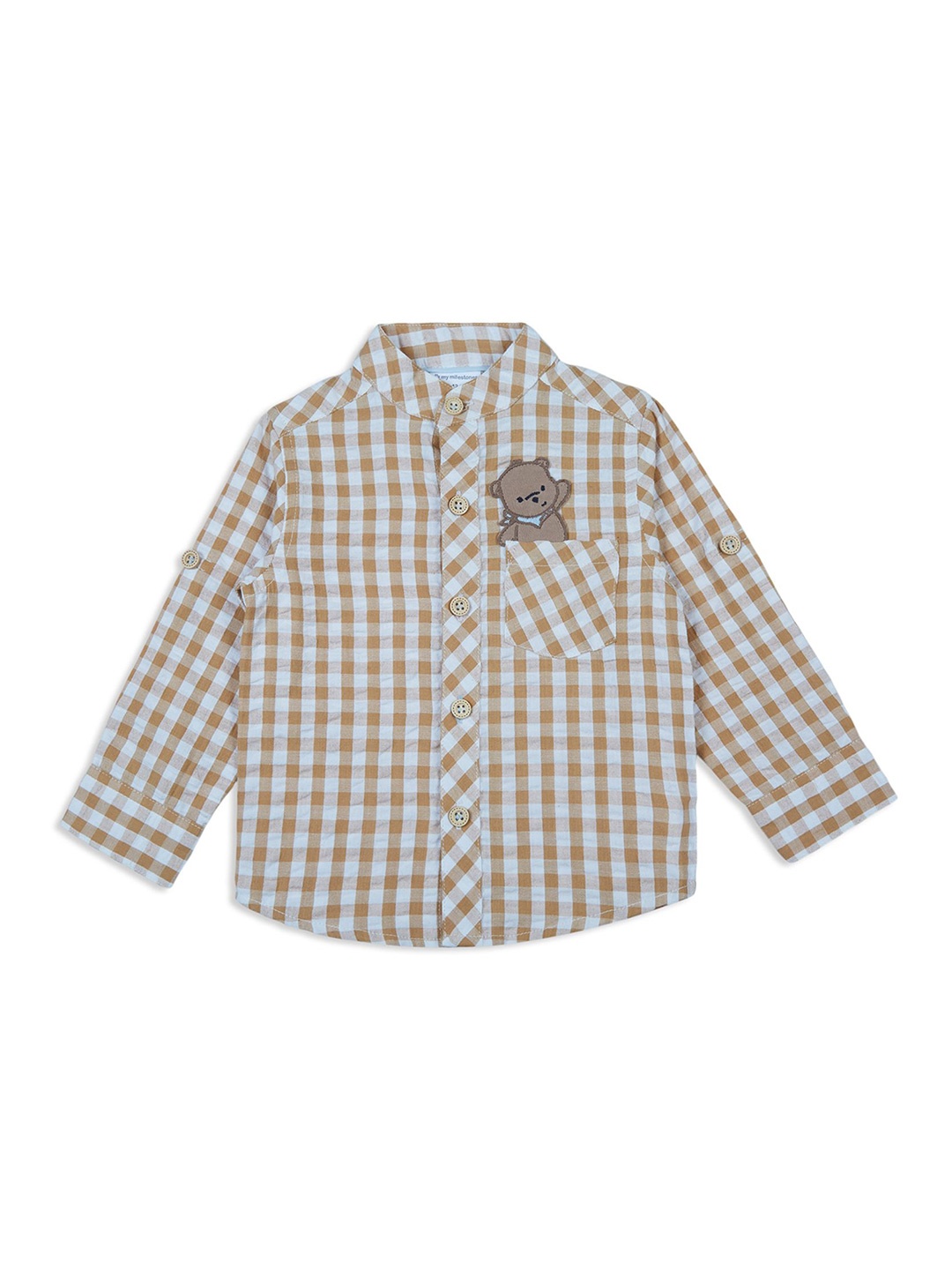 

My Milestones Boys Band Collar Tartan Checked Cotton Casual Shirt, Brown