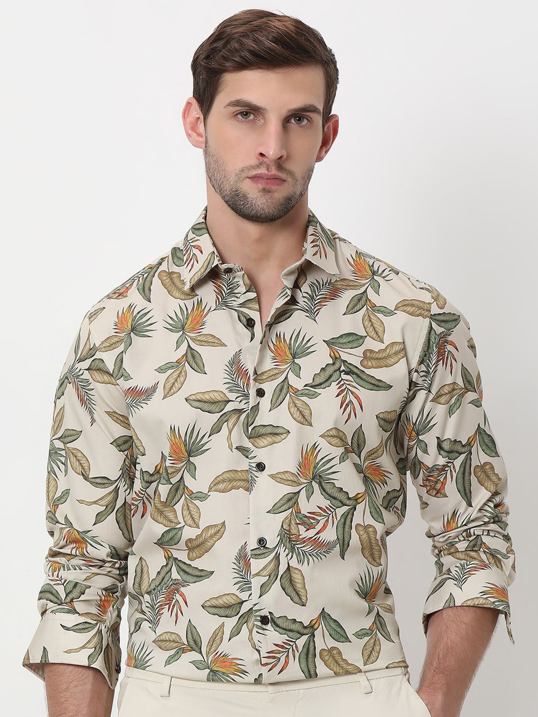 

Mufti Men ss-24 Slim Fit Floral Printed Cotton Casual Shirt, Beige