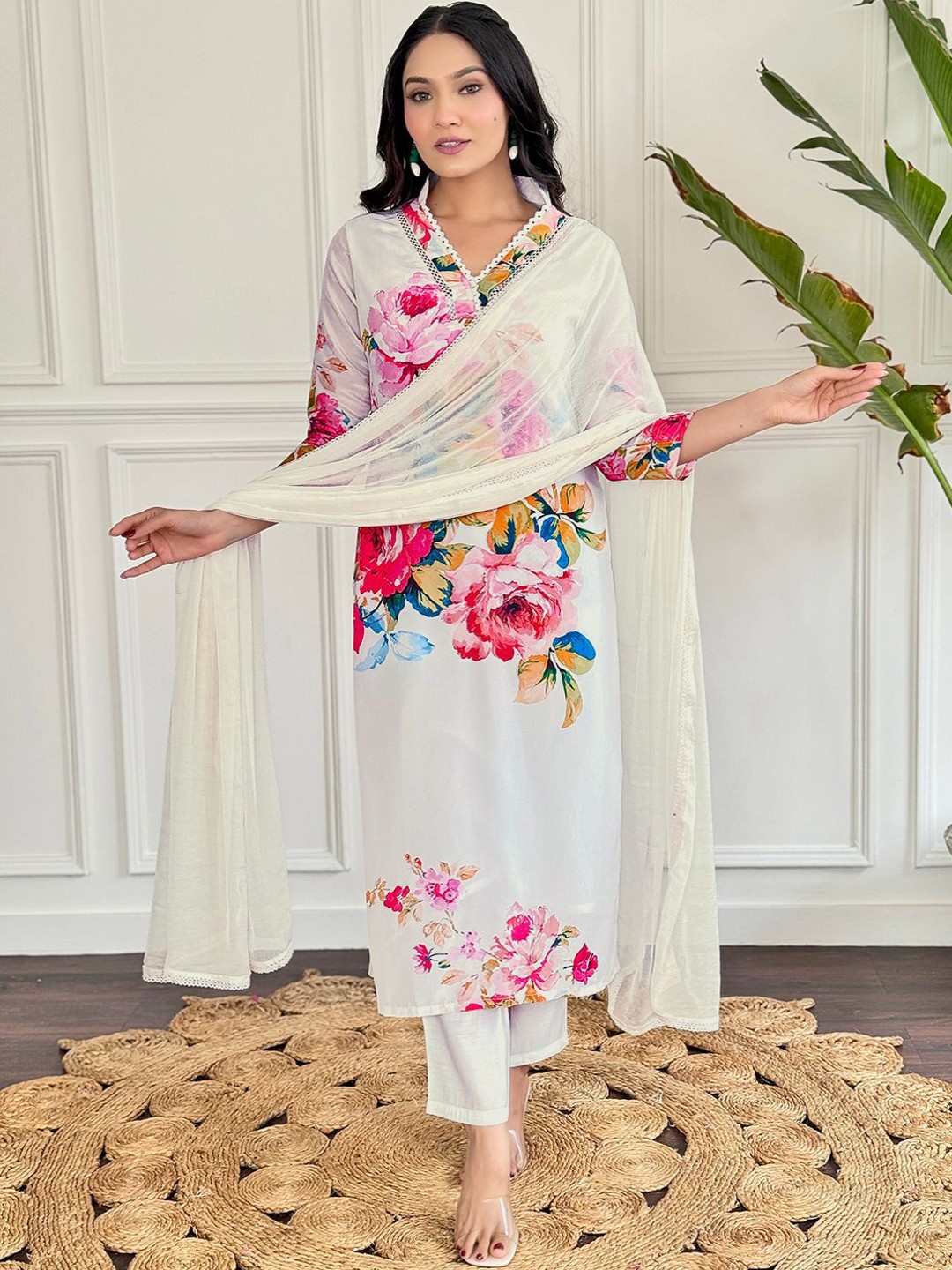

KALINI Floral Printed Kurta With Trousers & Dupatta, Off white
