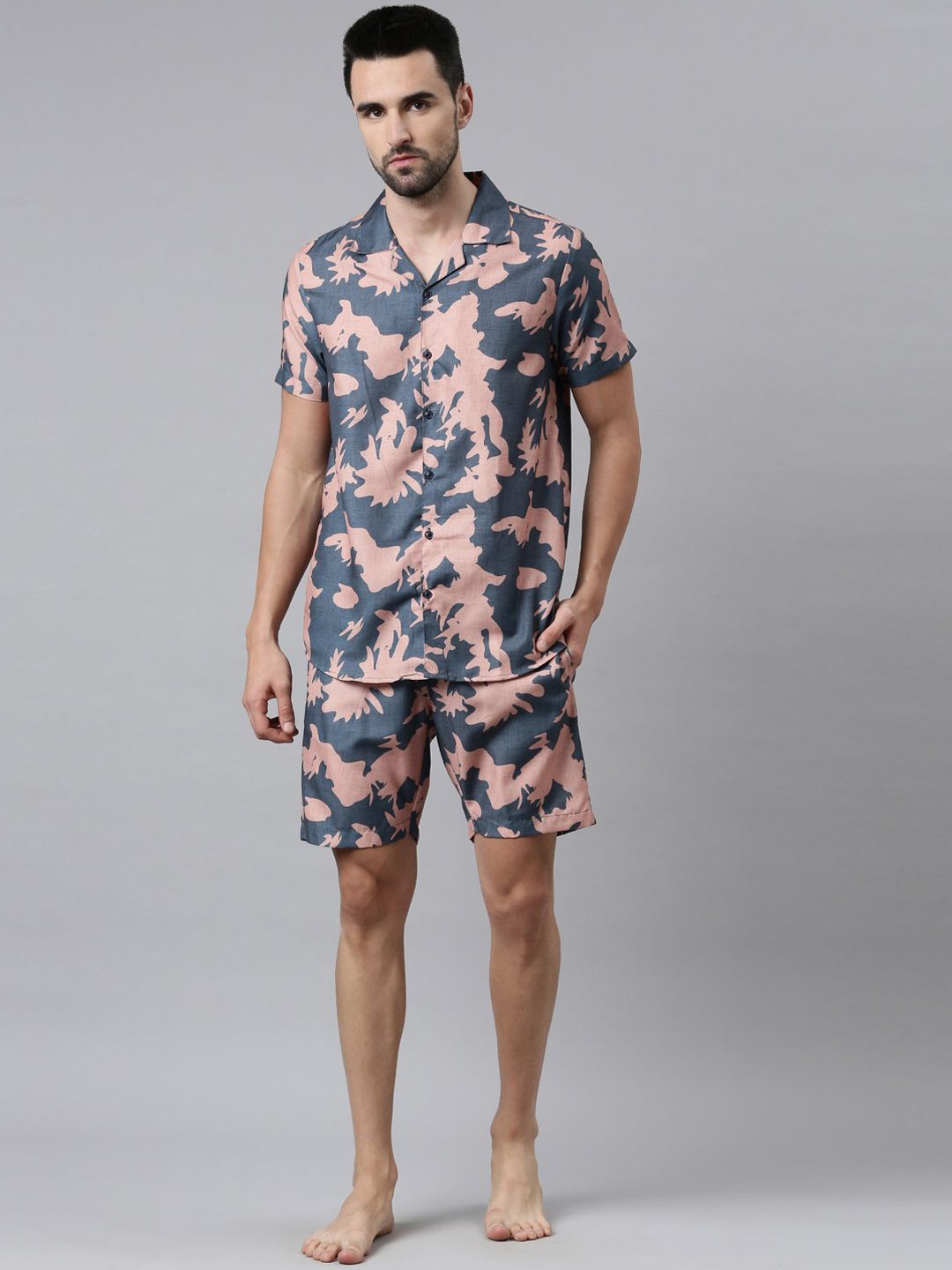 

Bushirt Abstract Printed Cuban Collar Shirt & Shorts, Blue