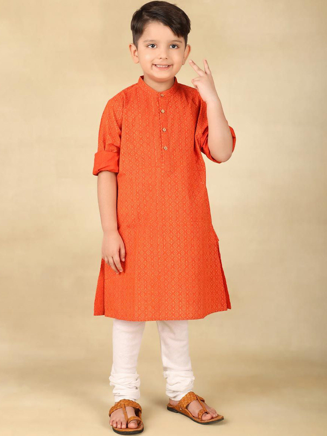 

Fabindia Boys Ethnic Motifs Printed band Collar Long Roll-Up Sleeves Straight Kurta, Orange
