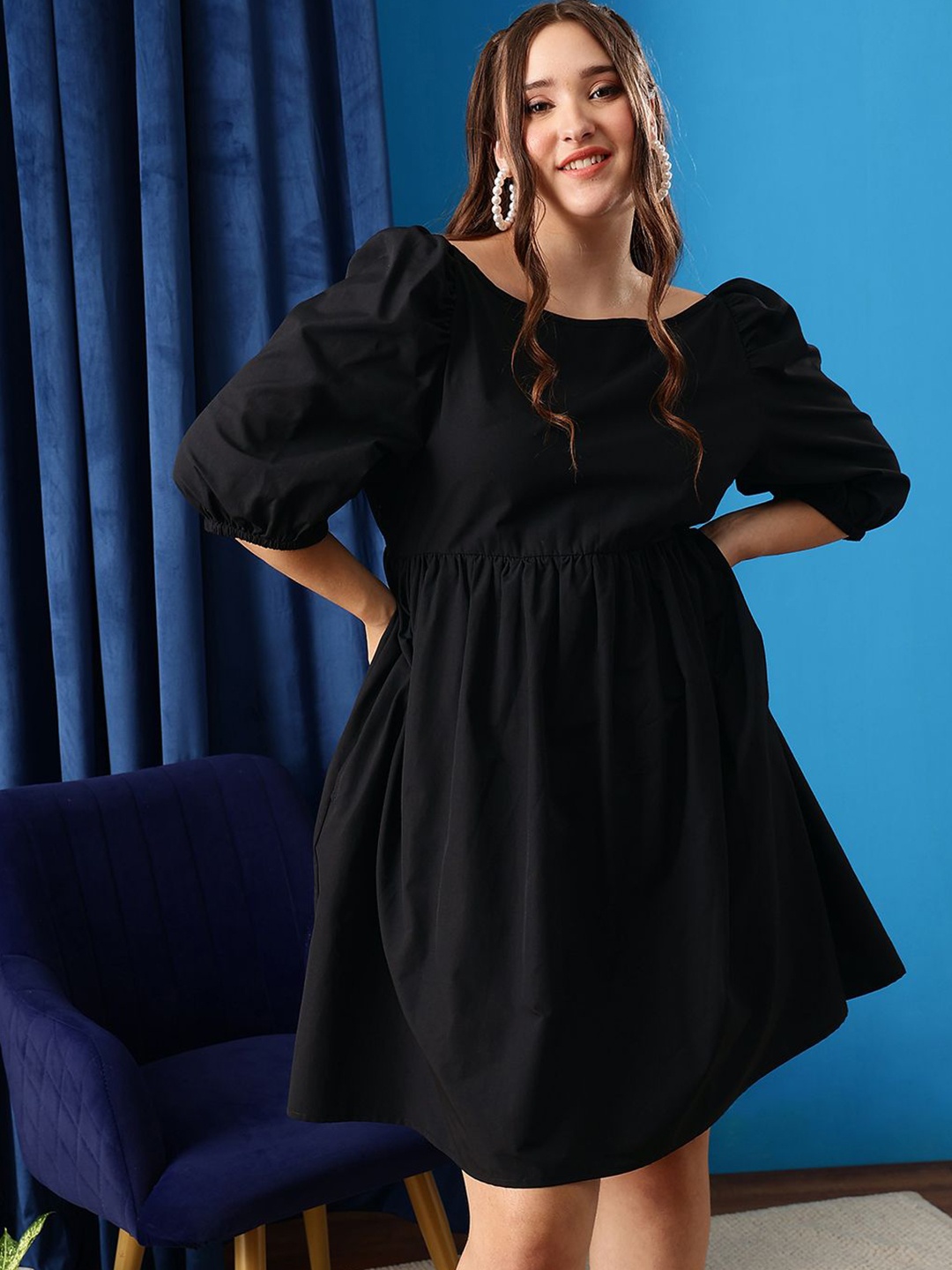 

CURVY STREET Women Puff Sleeve Fit & Flare Dress, Black