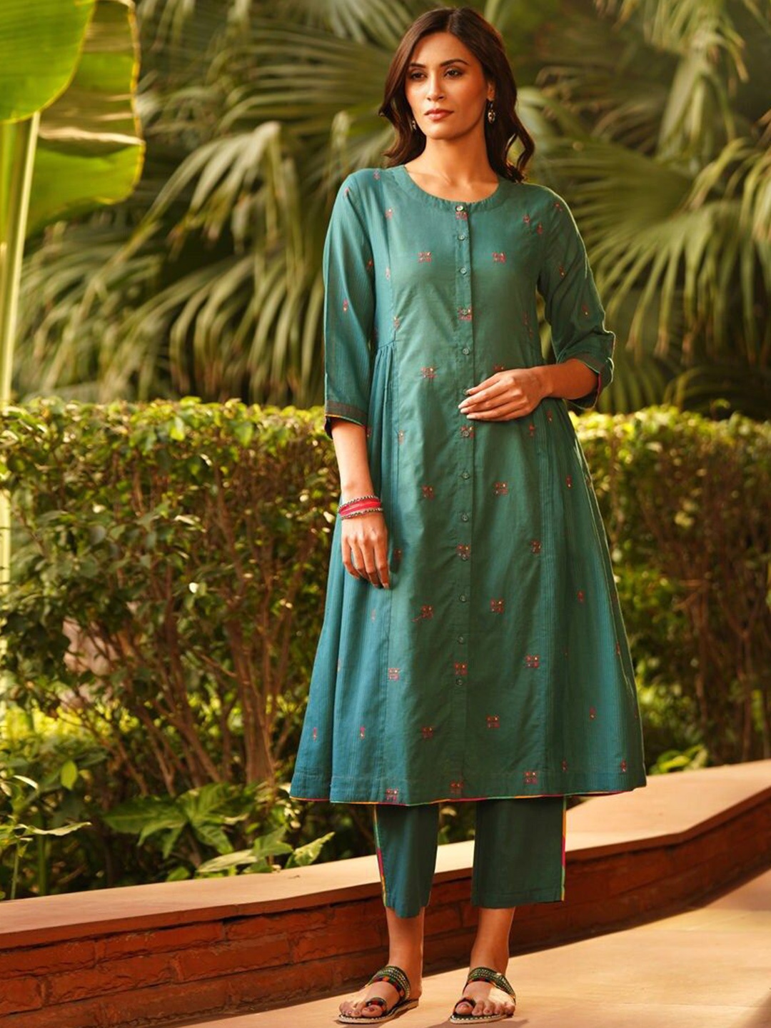 

JAYPORE Ethnic Motifs Embroidered Zari Pure Cotton A-Line Kurta, Teal