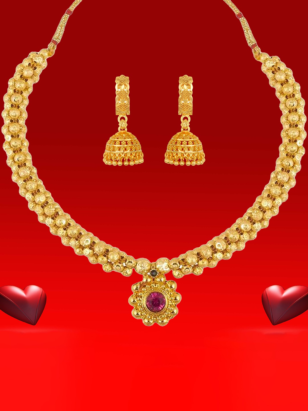 

Heer Collection Gold Plated Artificial Stones Studded Thushi Choker Necklace With Jhumkas
