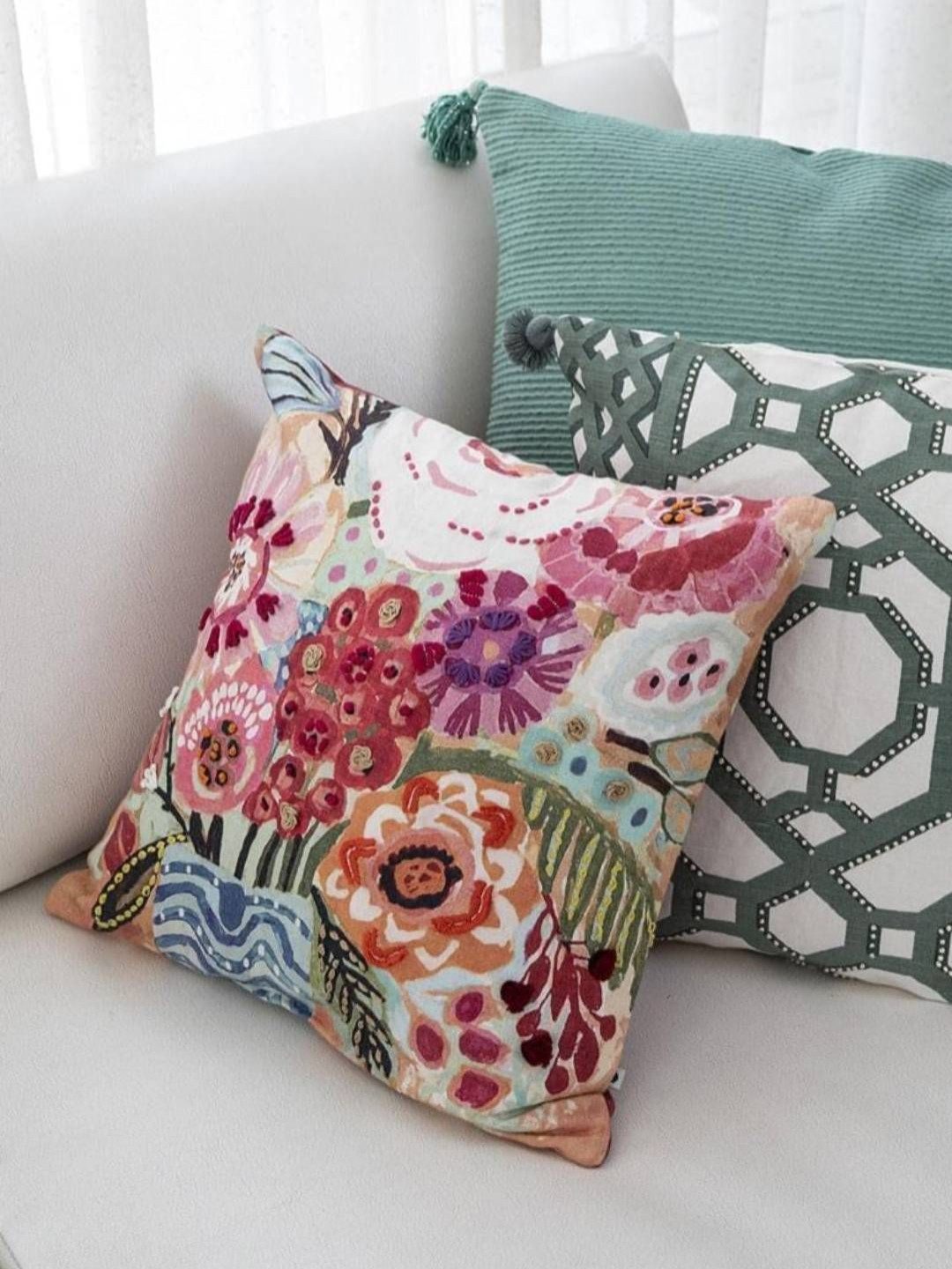 

ONSETHOMES White & Pink Floral Embroidered Square Cushion Covers