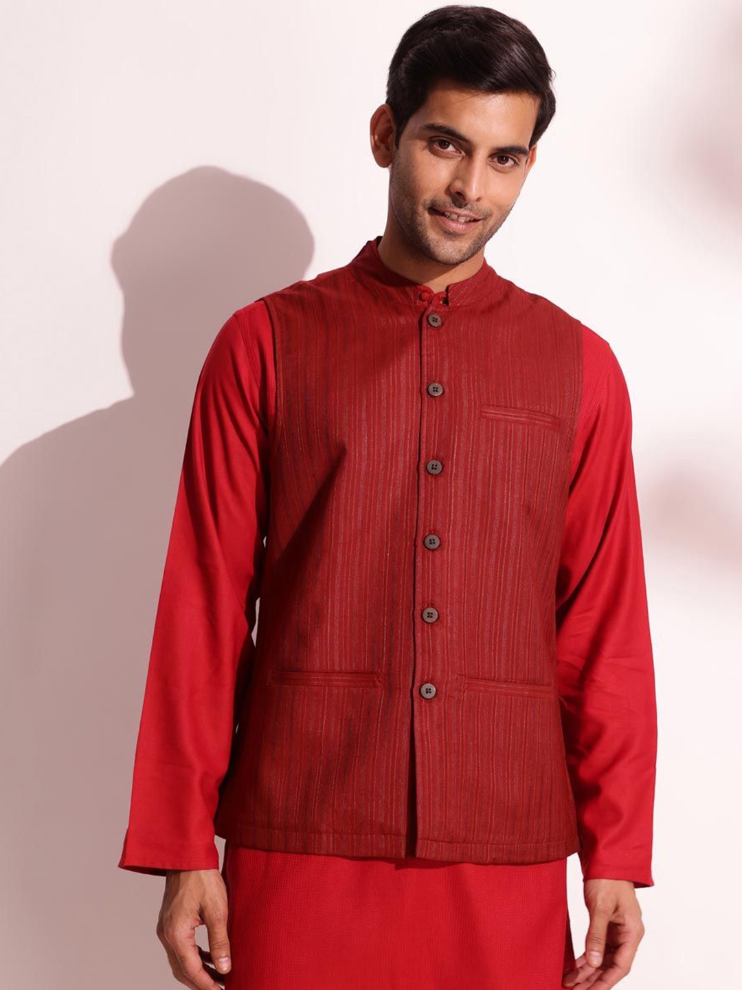 

Fabindia Men Striped Mandarin Collar Nehru Jacket, Red