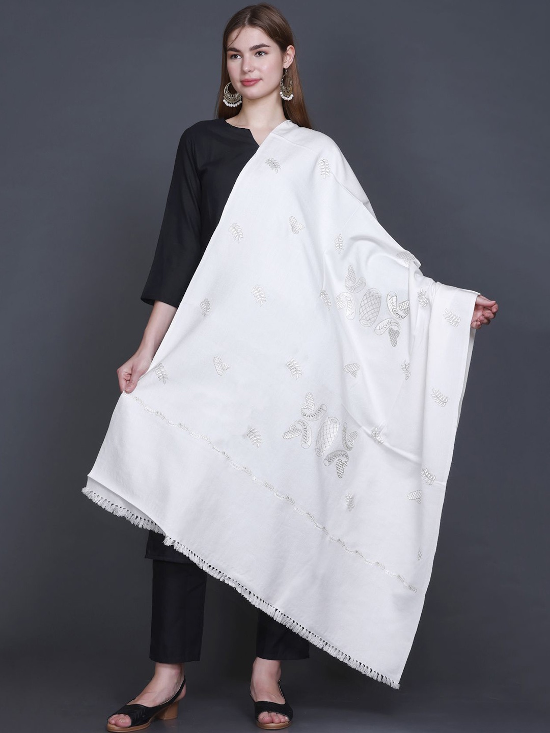 

GODFREY Floral Woven Design Woolen Shawl, White