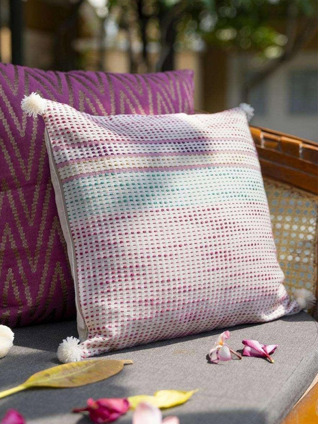 

ONSETHOMES White & Pink Striped Embroidered Pure Cotton Square Cushion Covers