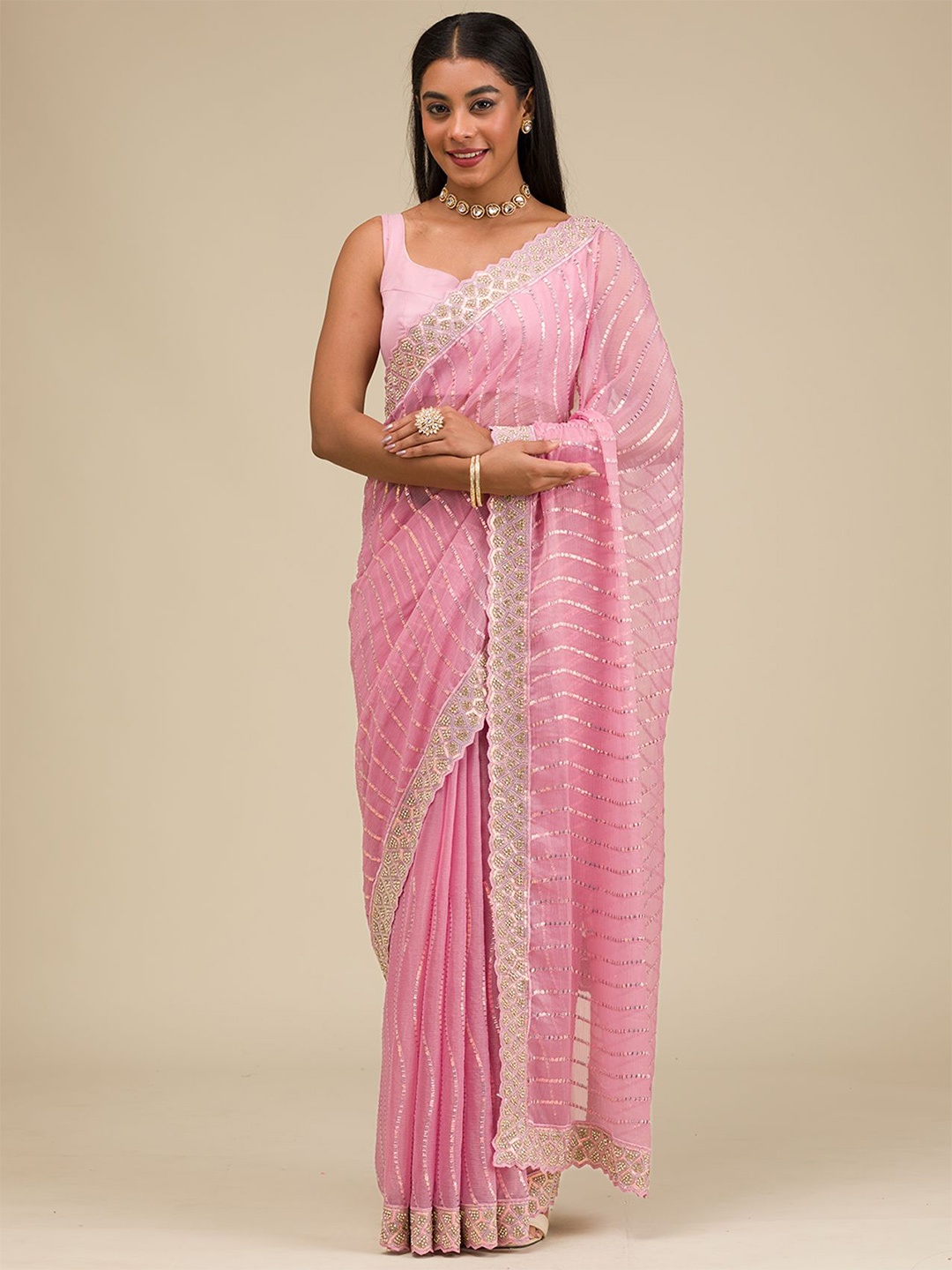 

Koskii Striped Beads and Stones Saree, Pink