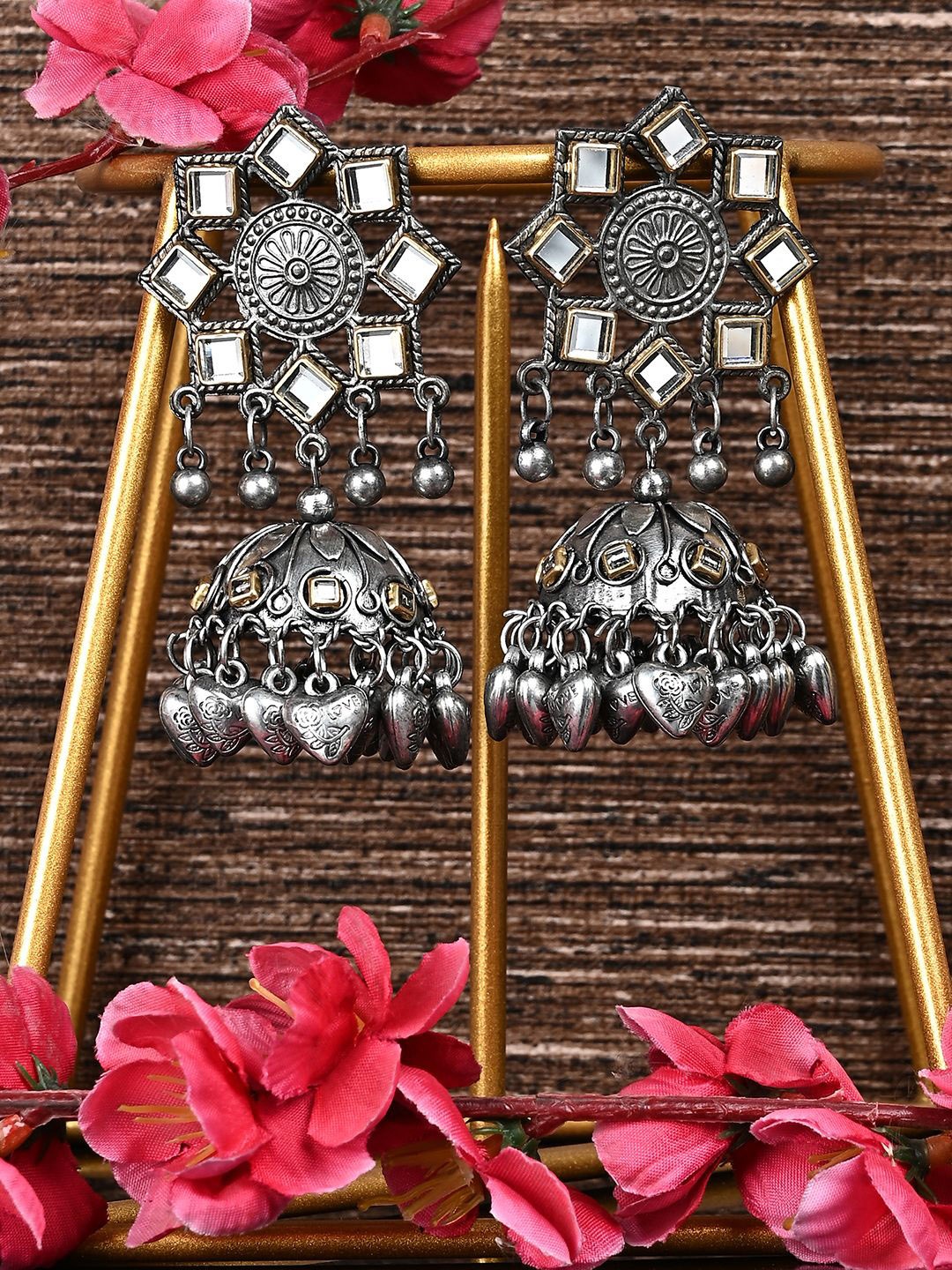 

CARDINAL Silver-Plated Oxidized Contemporary Jhumkas Earrings