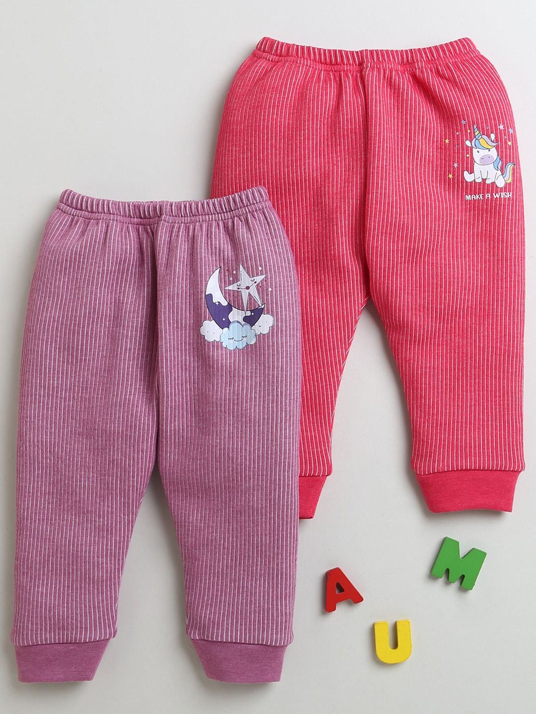 

BUMZEE Infant Girls Pack Of 2 Striped Cotton Thermal Bottoms, Pink