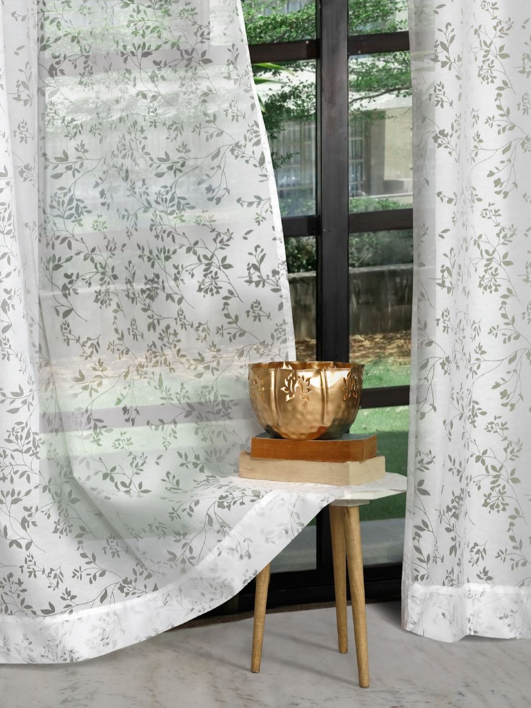 

ROSARA HOME White & Grey 2 Pieces Floral Long Door Sheers