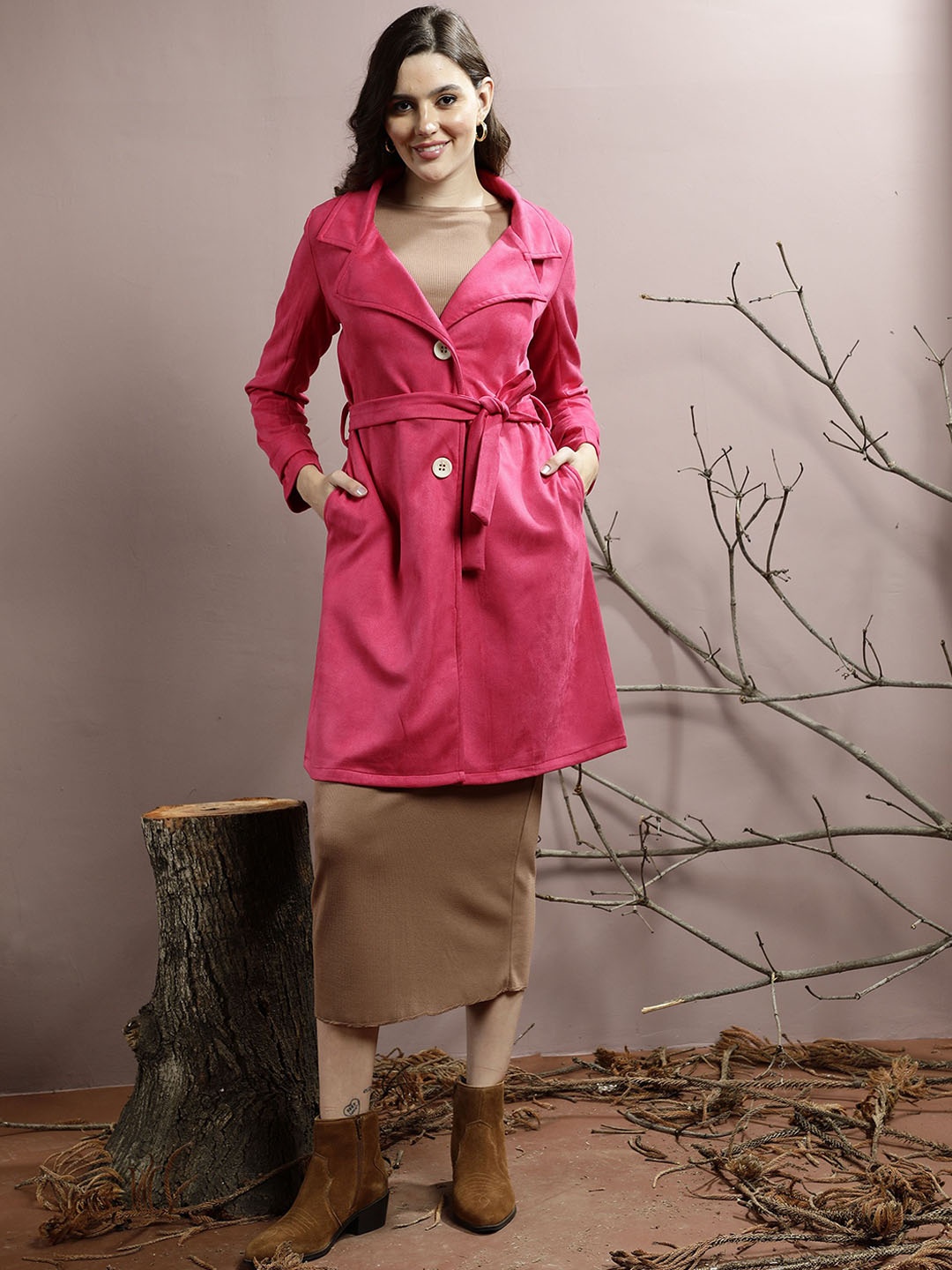 

Athena Women Notched Collar Longline Overcoat With Belt, Fuchsia