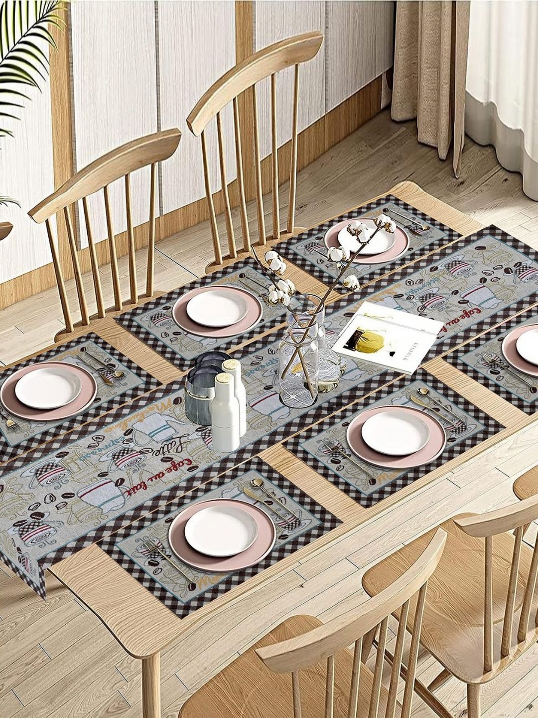

PRAKARTIK Brown 7 Pieces Printed Pure Cotton Table Placemats and Runner, Coffee brown
