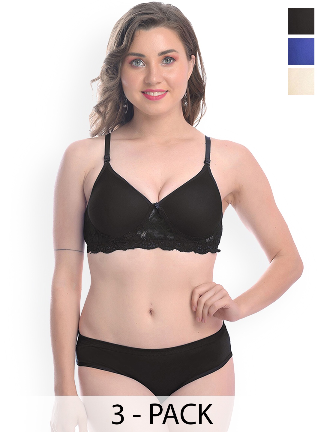 

AROUSY Pack Of 3 Women Lightly Padded Lingerie Set, Black