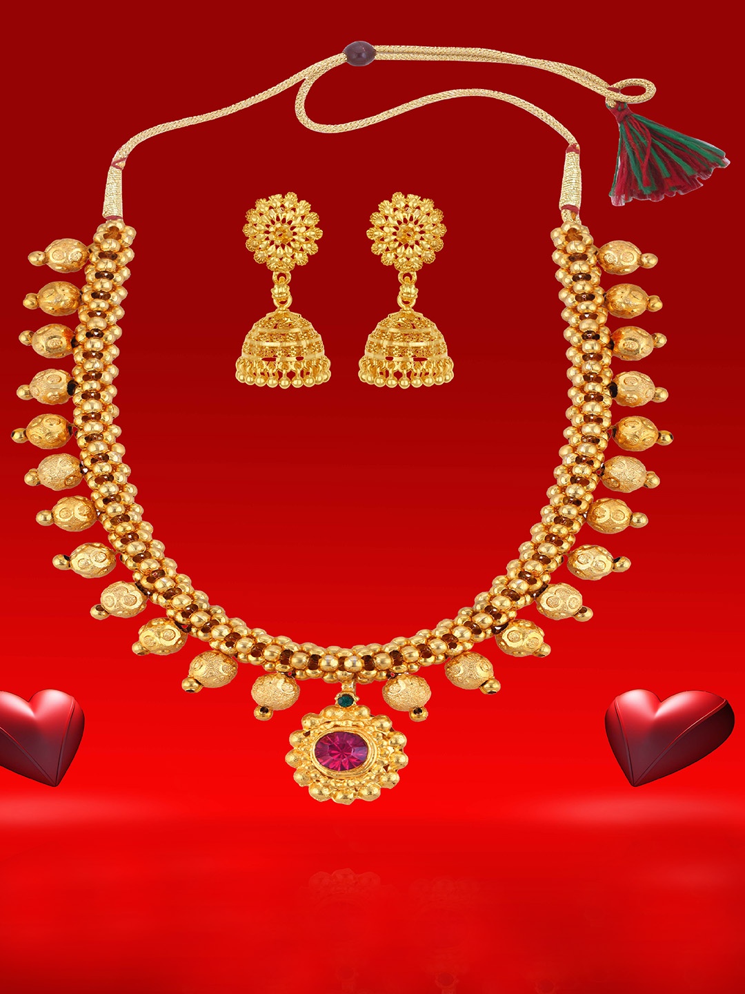 

Heer Collection Gold-Plated Pink & Gold-Toned Necklace with Earrings