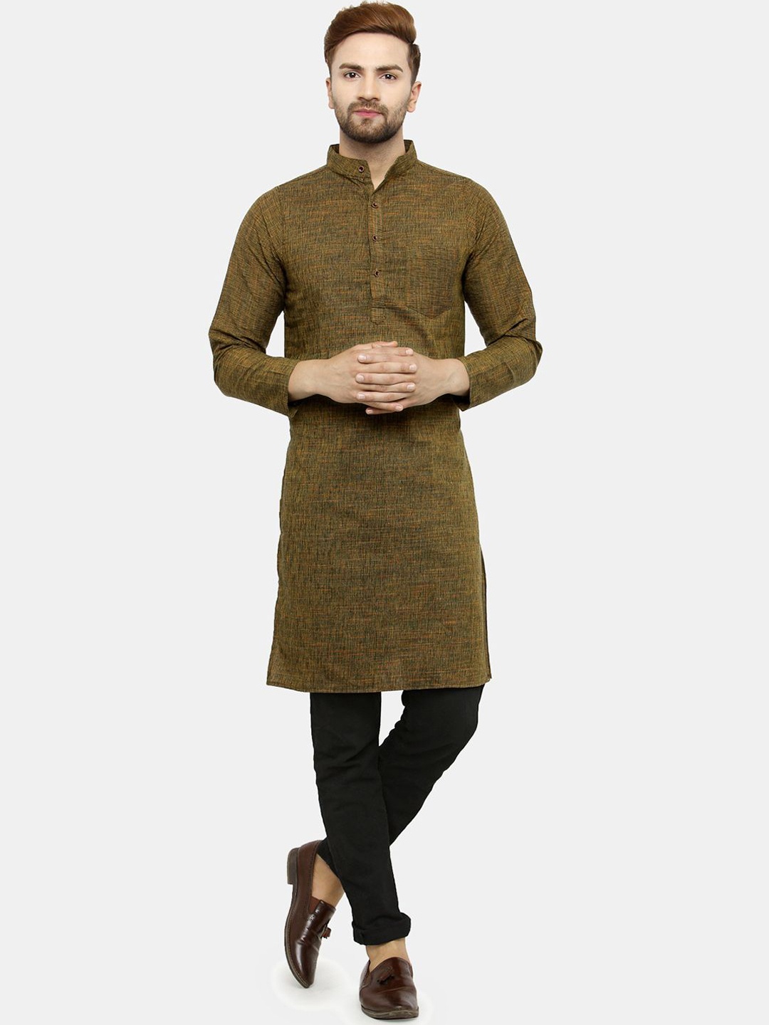 

Enchanted Drapes Woven Design Long Sleeves Regular Pure Cotton Straight Kurta, Green