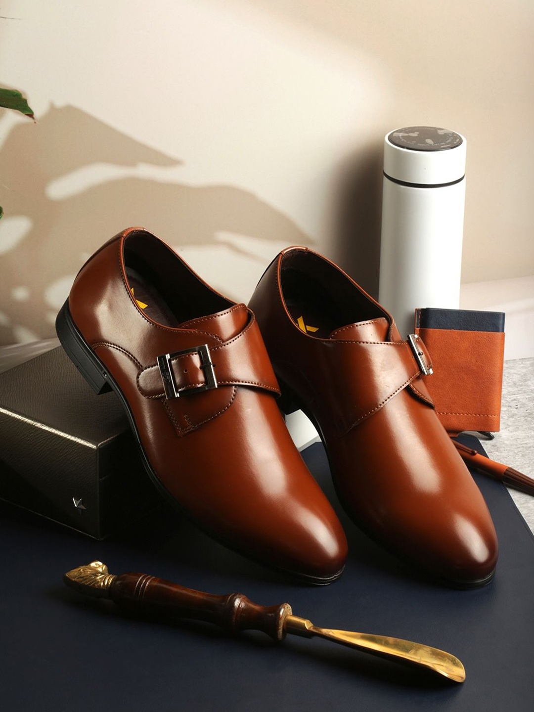 

ID Men Solid With Buckled Toe Formal Monk Shoes, Tan