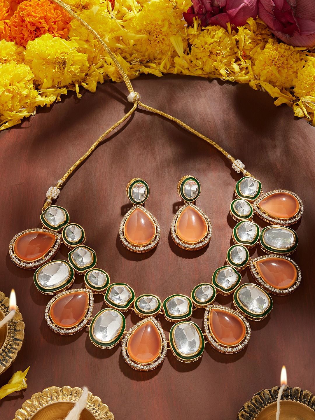 

Zaveri Pearls Gold-Plated Austrian Diamonds Stone-Studded Meenakari Jewellery Set