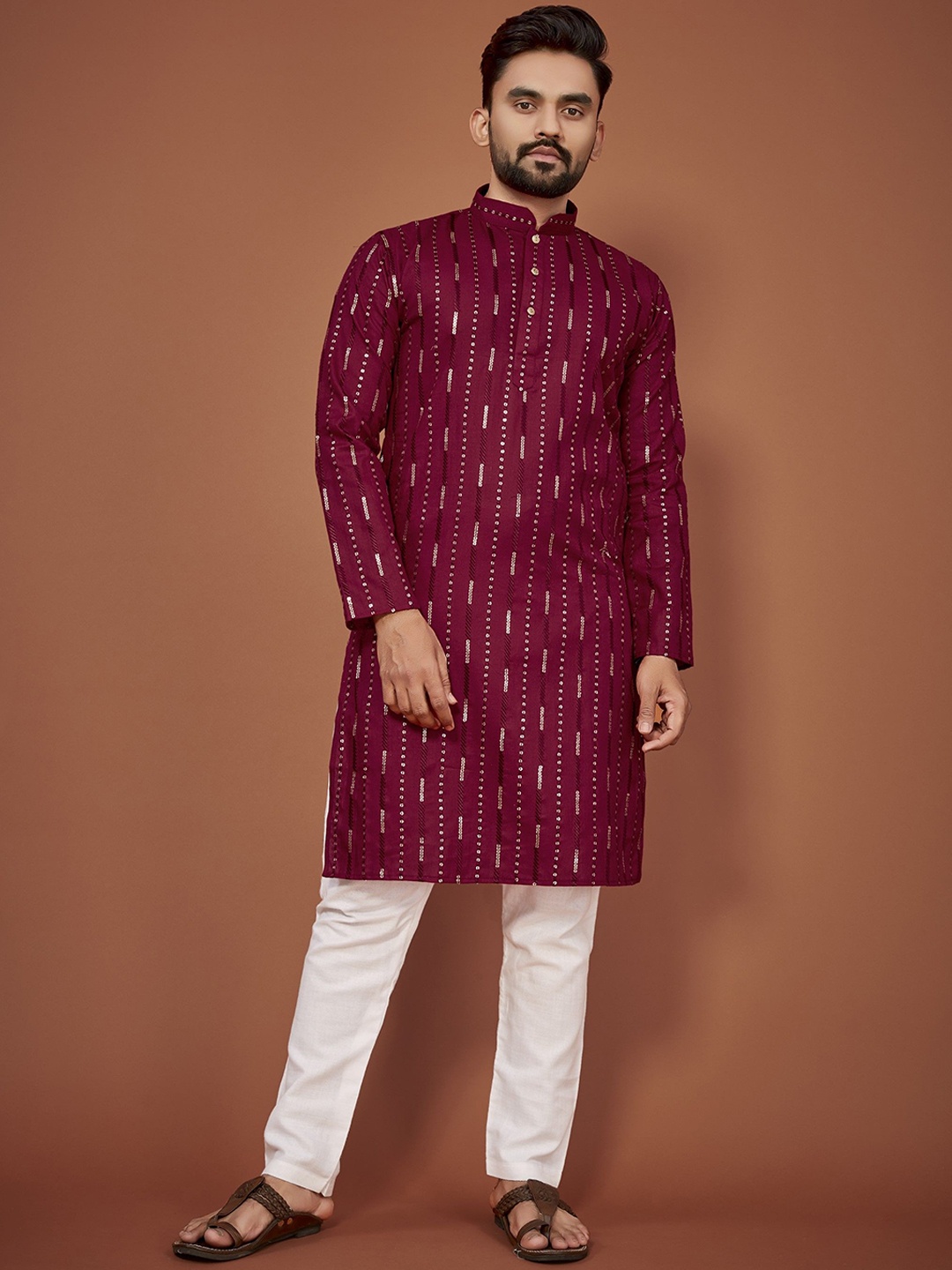 

Anaita Striped Embroidered Mandarin Collar Sequins Detail Cotton Straight Kurta, Maroon