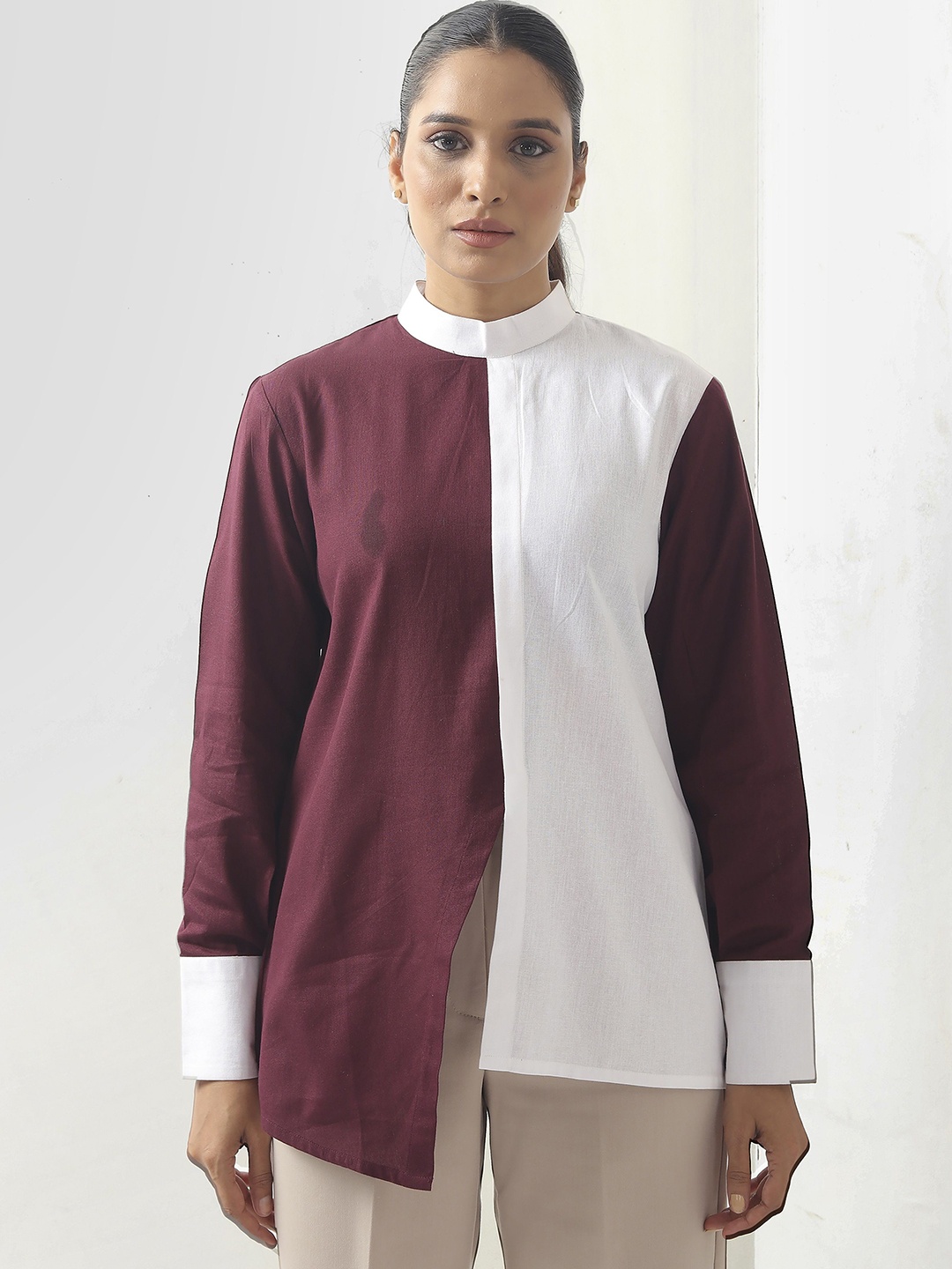 

BOONS n PERKKS Embellished Colourblocked Mandarin Collar Cotton Top, Maroon