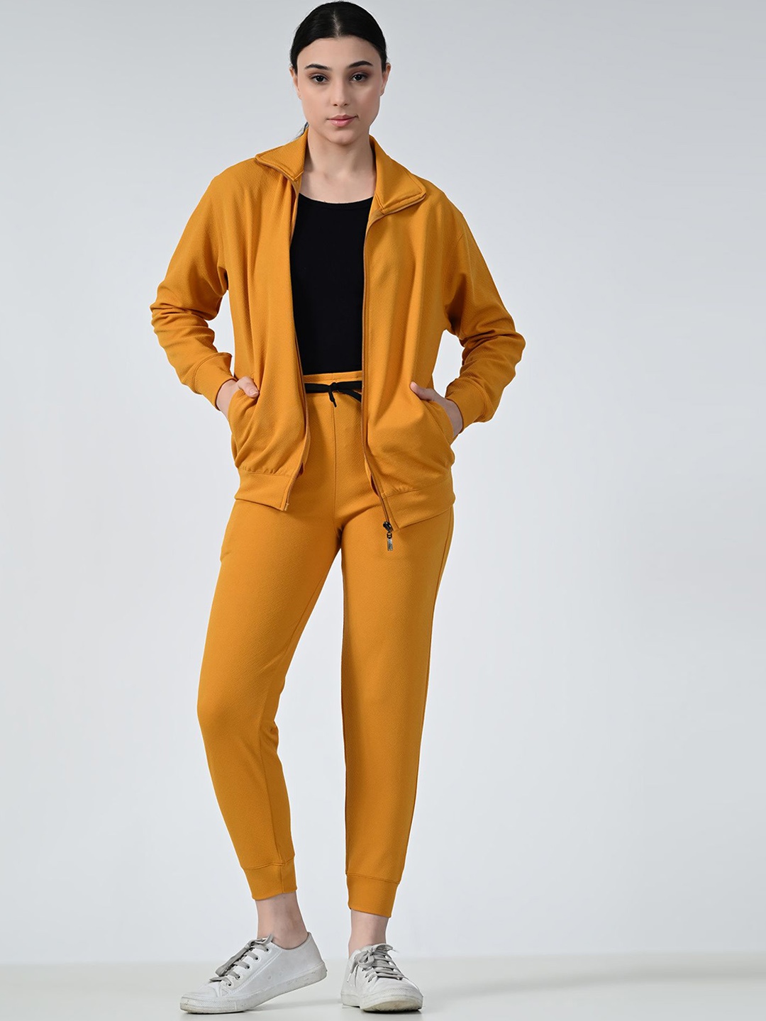 

BAESD Women Solid Mock Collar High-Rise Tracksuits, Yellow