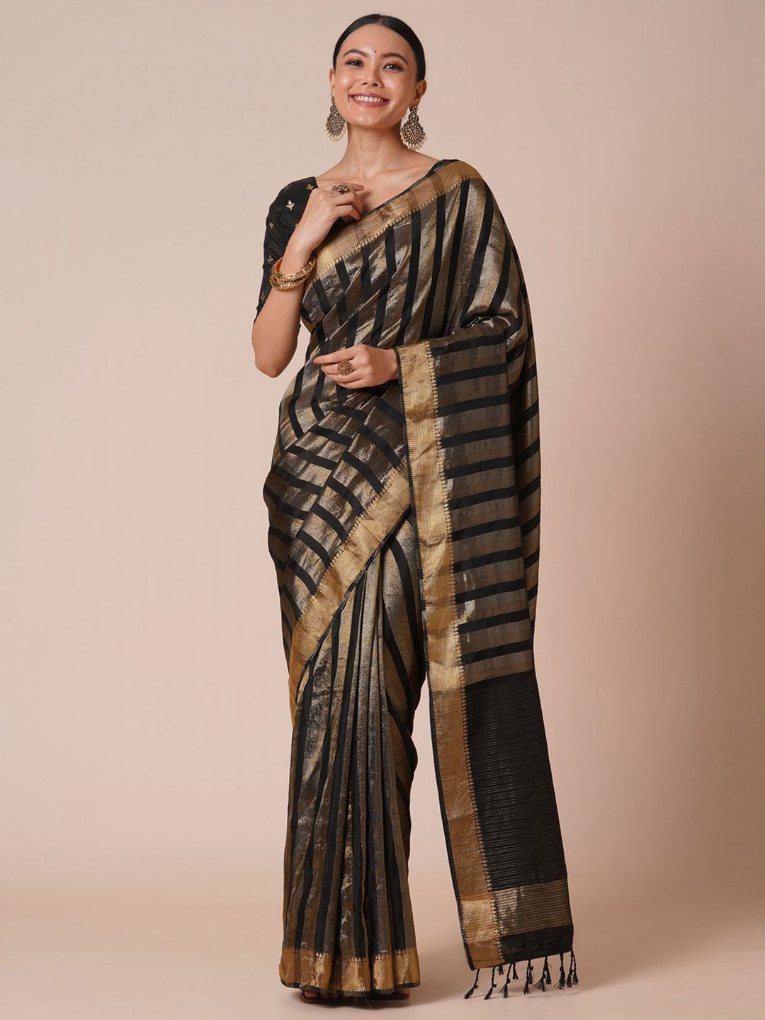 

Anouk Striped Zari Banarasi Saree, Black
