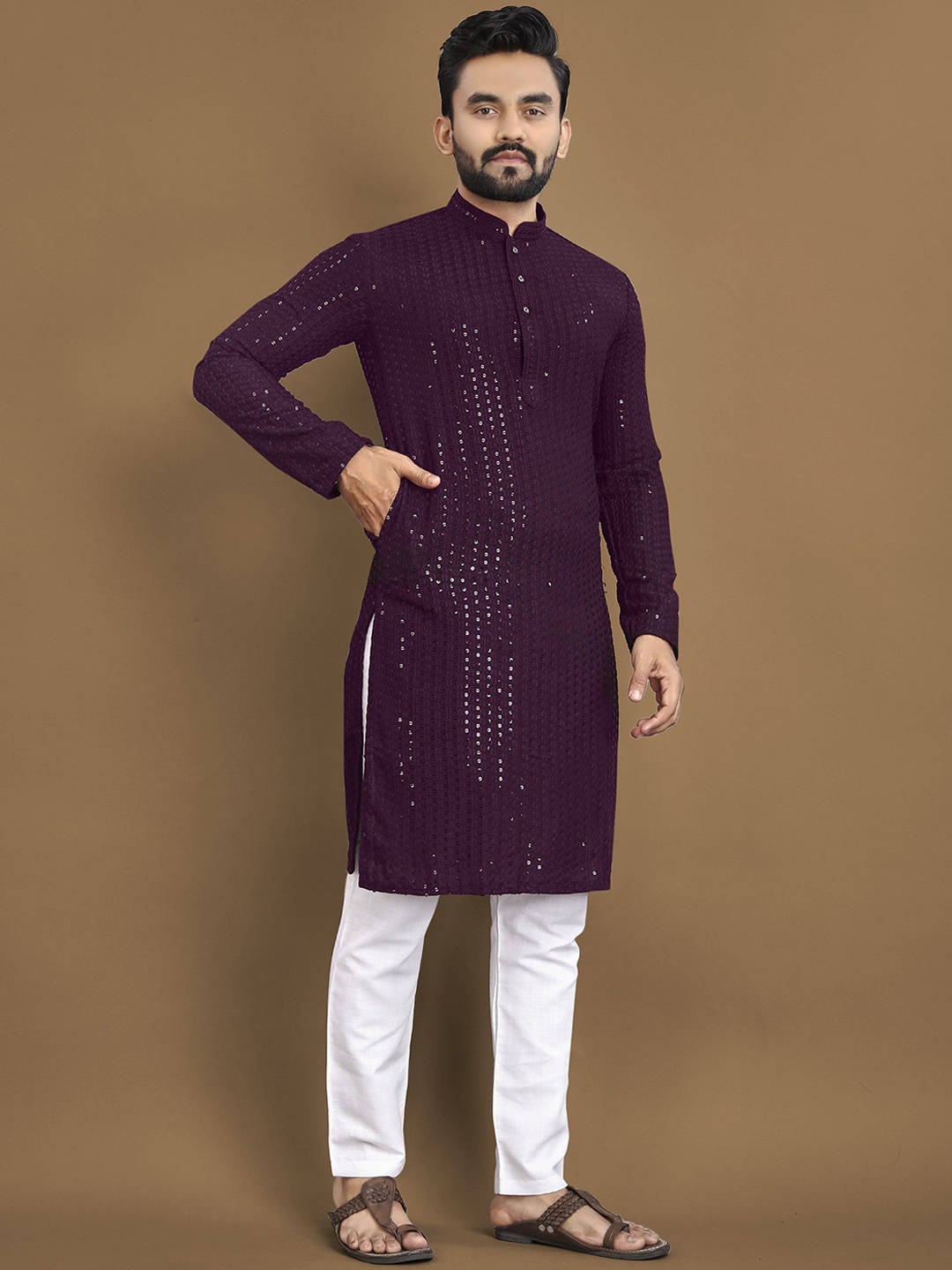 

Anaita Geometric Embellished Mandarin Collar Chikankari Straight Kurta, Purple