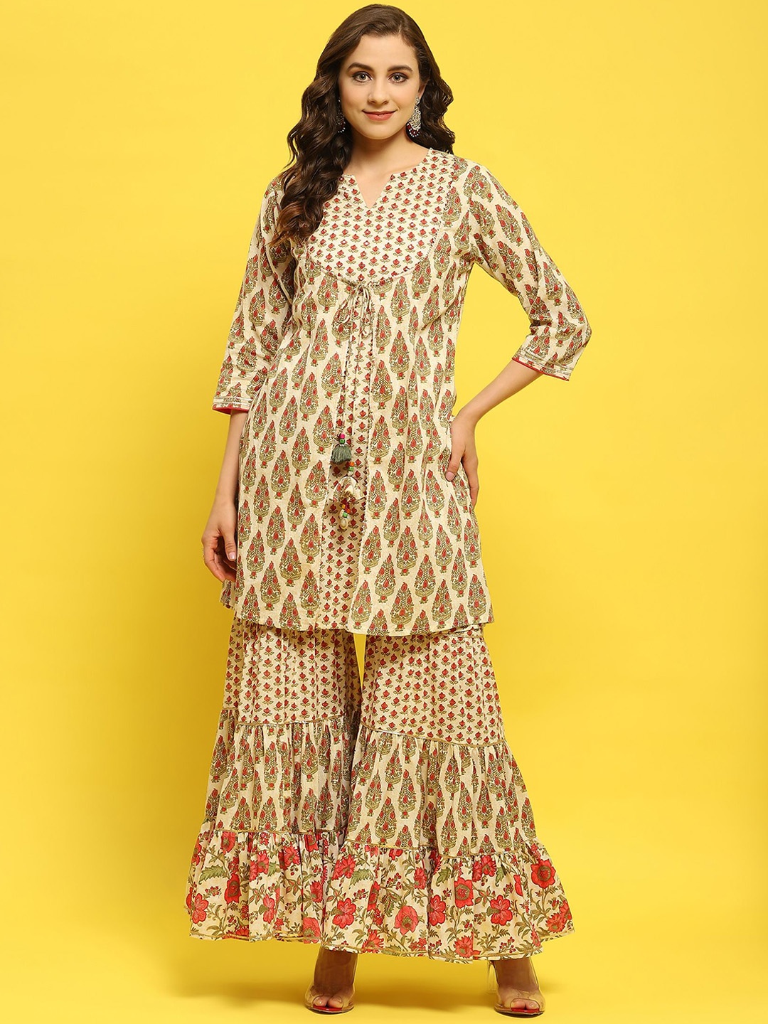 

Shree Floral Printed Straight Pure Cotton A-Line Kurta with Sharara, Beige