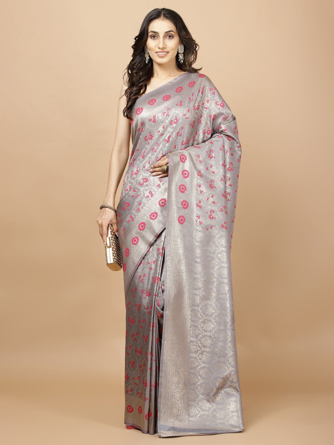 

Meena Bazaar Woven Design Zari Handloom Saree, Grey