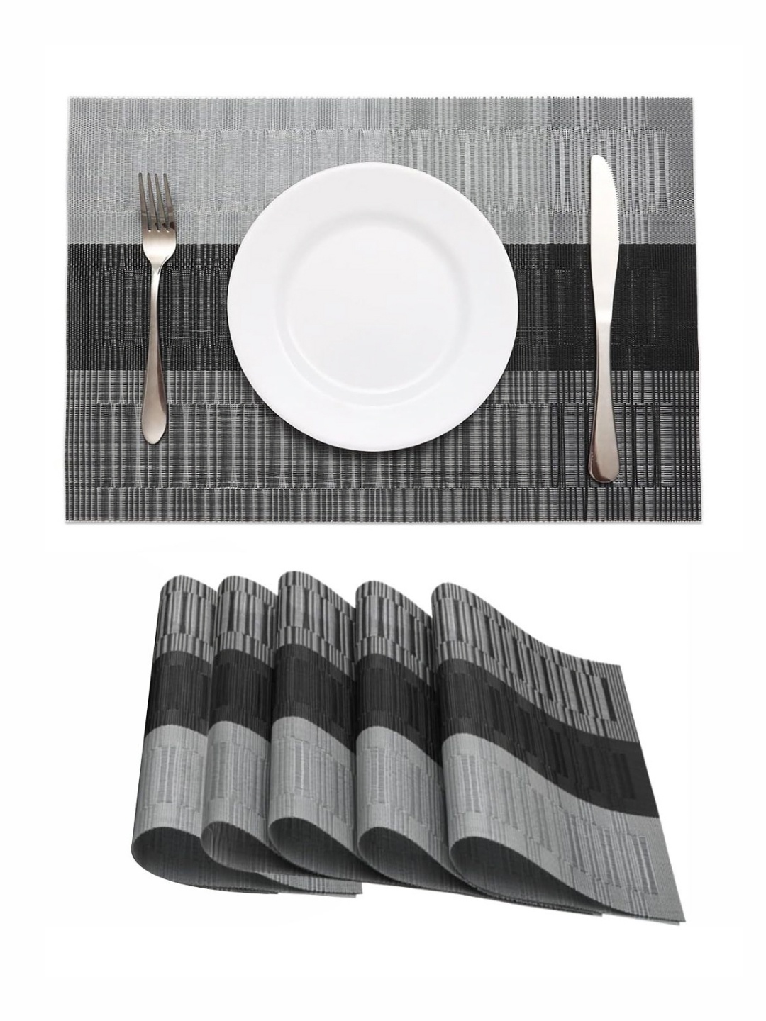 

TIED RIBBONS Black & Grey 6 Pieces Striped Rectangle Table Placemats