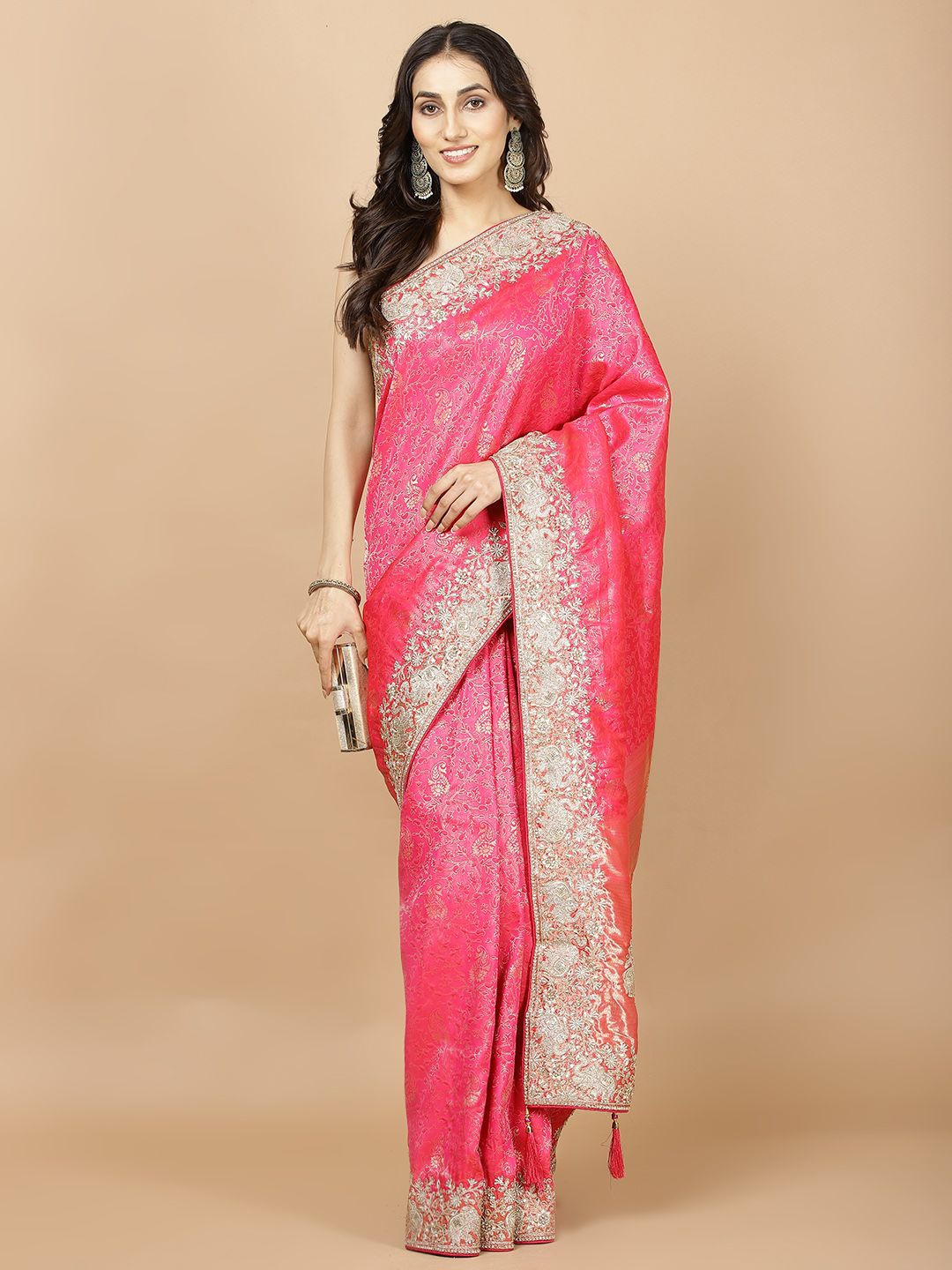 

Meena Bazaar Woven Design Embroidered Banarasi Saree, Pink