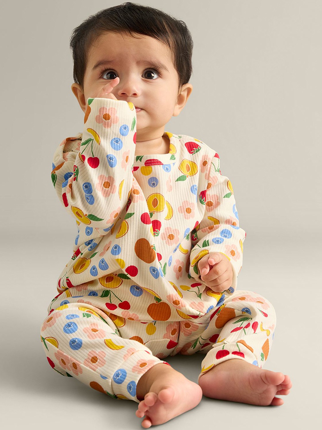 

My Milestones Infant Girls Conversational Printed Pure Cotton Romper, Beige