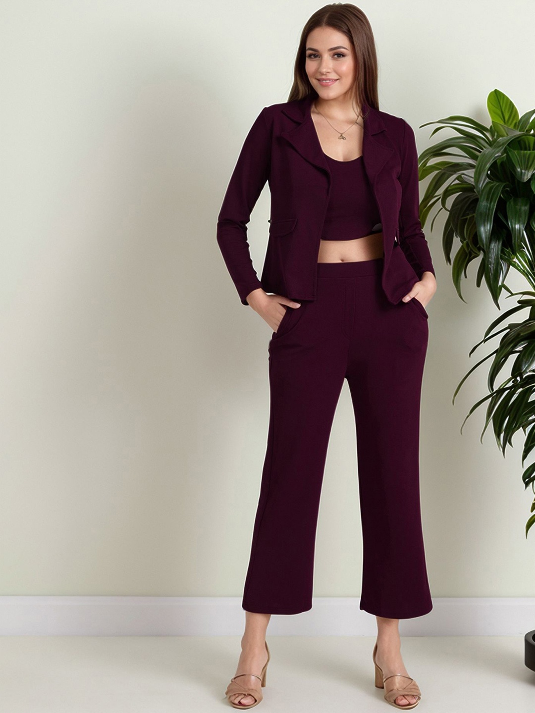 

DressBerry Basics Purple Shirt Collar Top & Blazer With Trouser