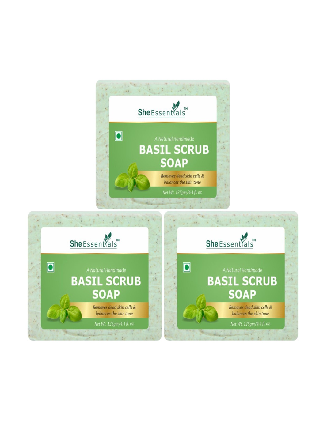 

She Essentials Set Of 3 Natural Basil Scrub Soap- 125g Each, Transparent