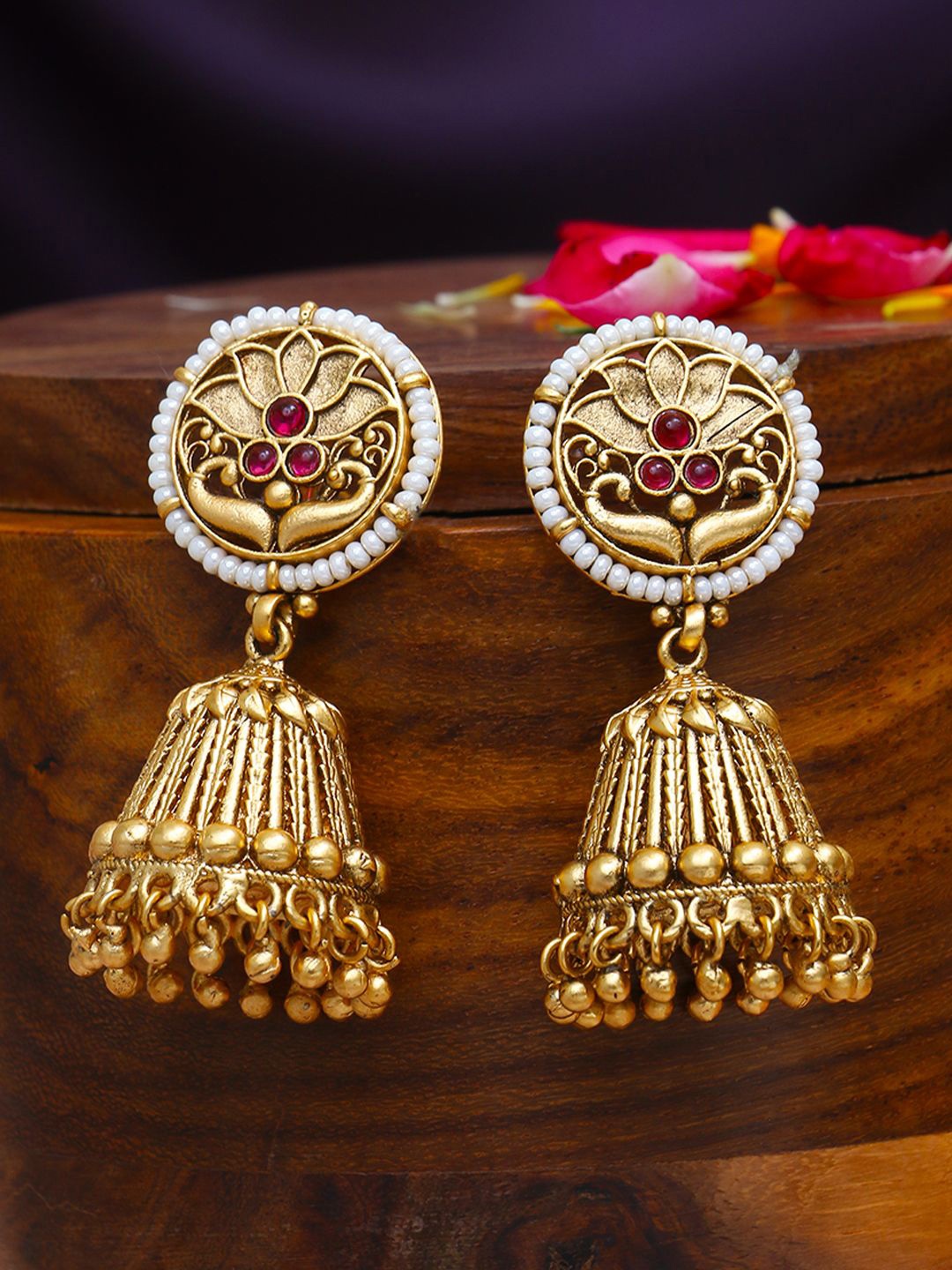 

Anouk Red Gold Plated Pearl Beaded Dome Shaped Jhumkas