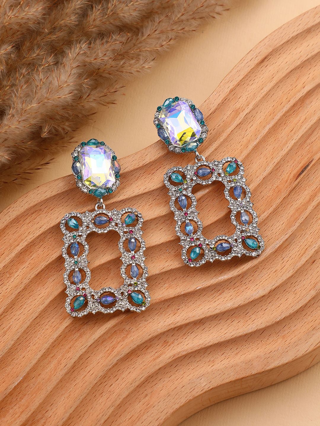 

SOHI Silver-Plated Stone Studded The Gisele Drop Earrings