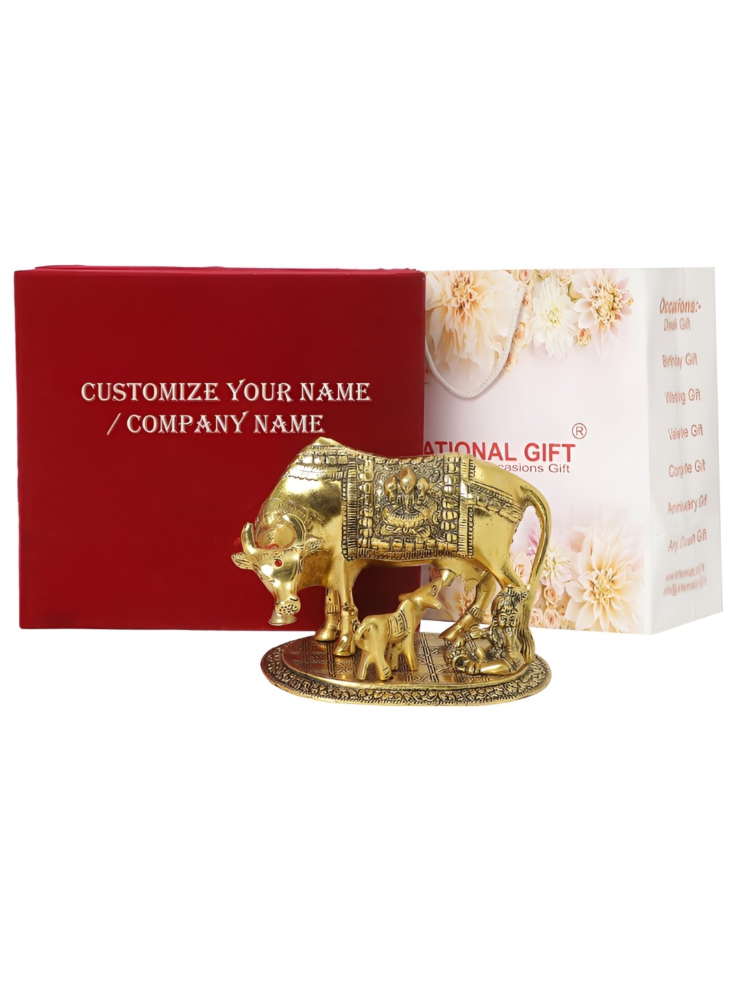 

INTERNATIONAL GIFT Gold-Toned Kamdhenu Cow Statue With Tag & Velvet Box