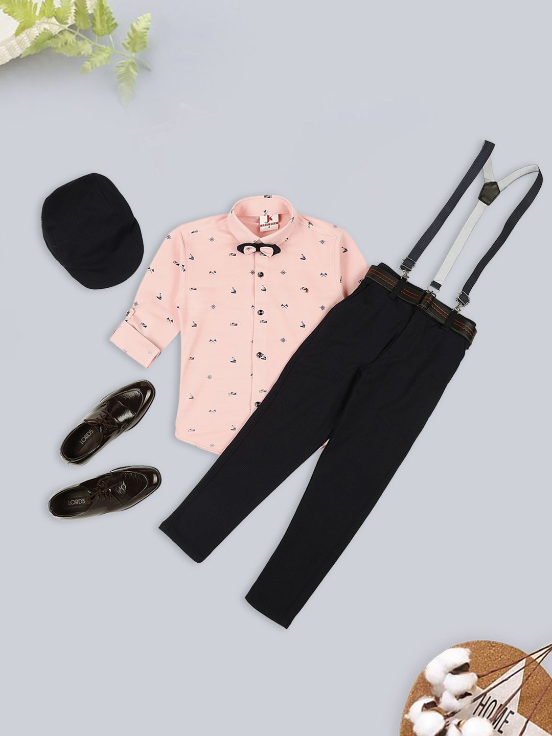 

YK Boys Printed Shirt Collar Neck Cotton Blend Shirt With Trousers & Suspender & Bow Tie, Pink