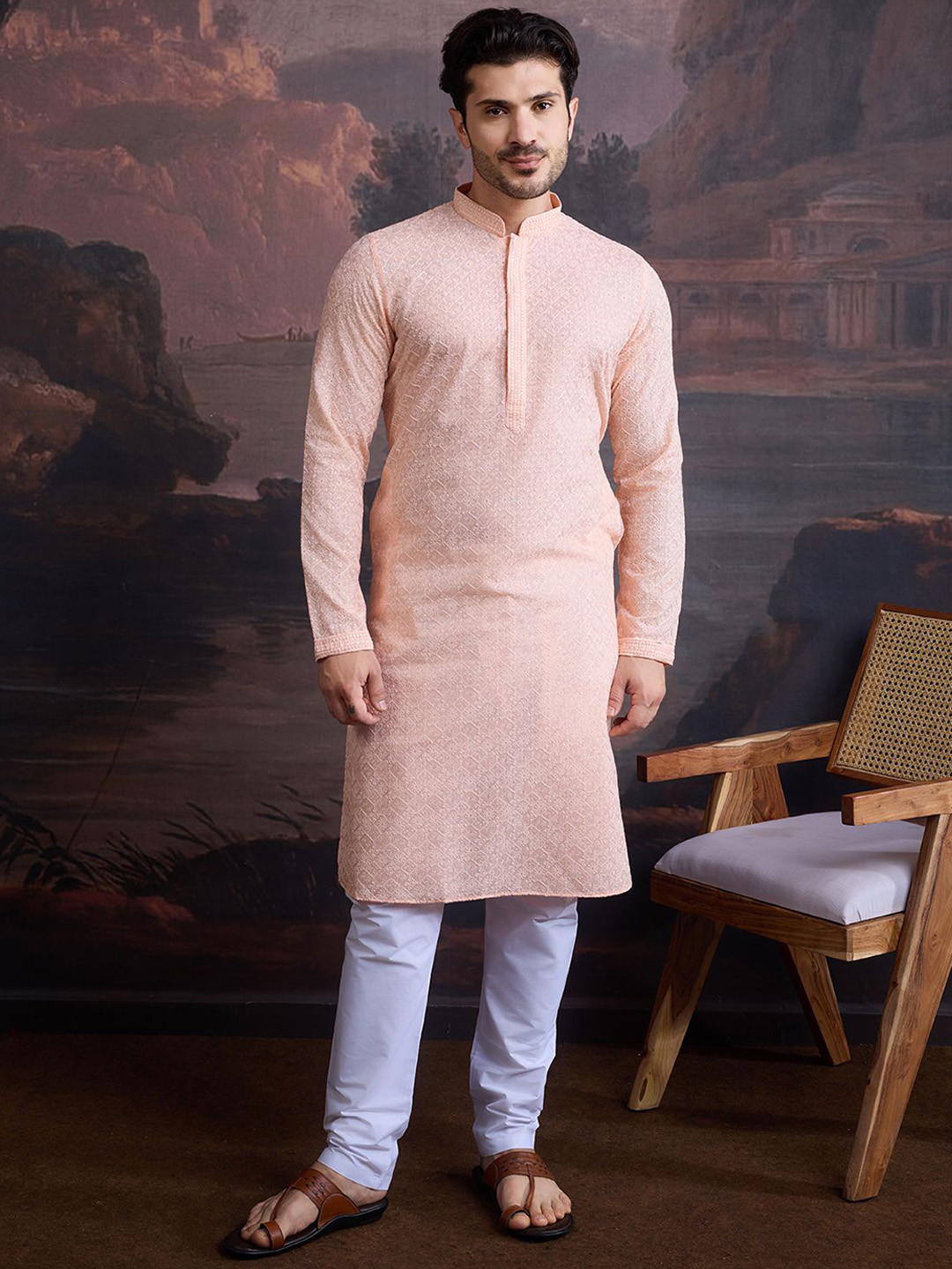 

House of Pataudi Embroidered Mandarin Collar Chikankari Cotton Straight Kurta, Pink