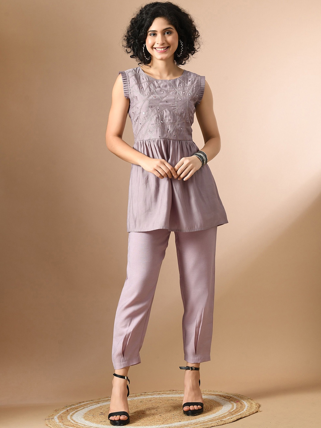 

Sangria Mauve Floral Embroidered Top With Trousers