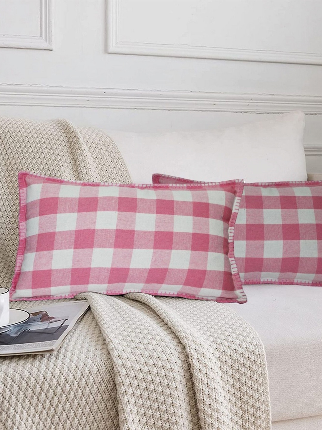 

Lushomes Pink & White 2 Pieces Checked Cotton Rectangle Cushion Covers