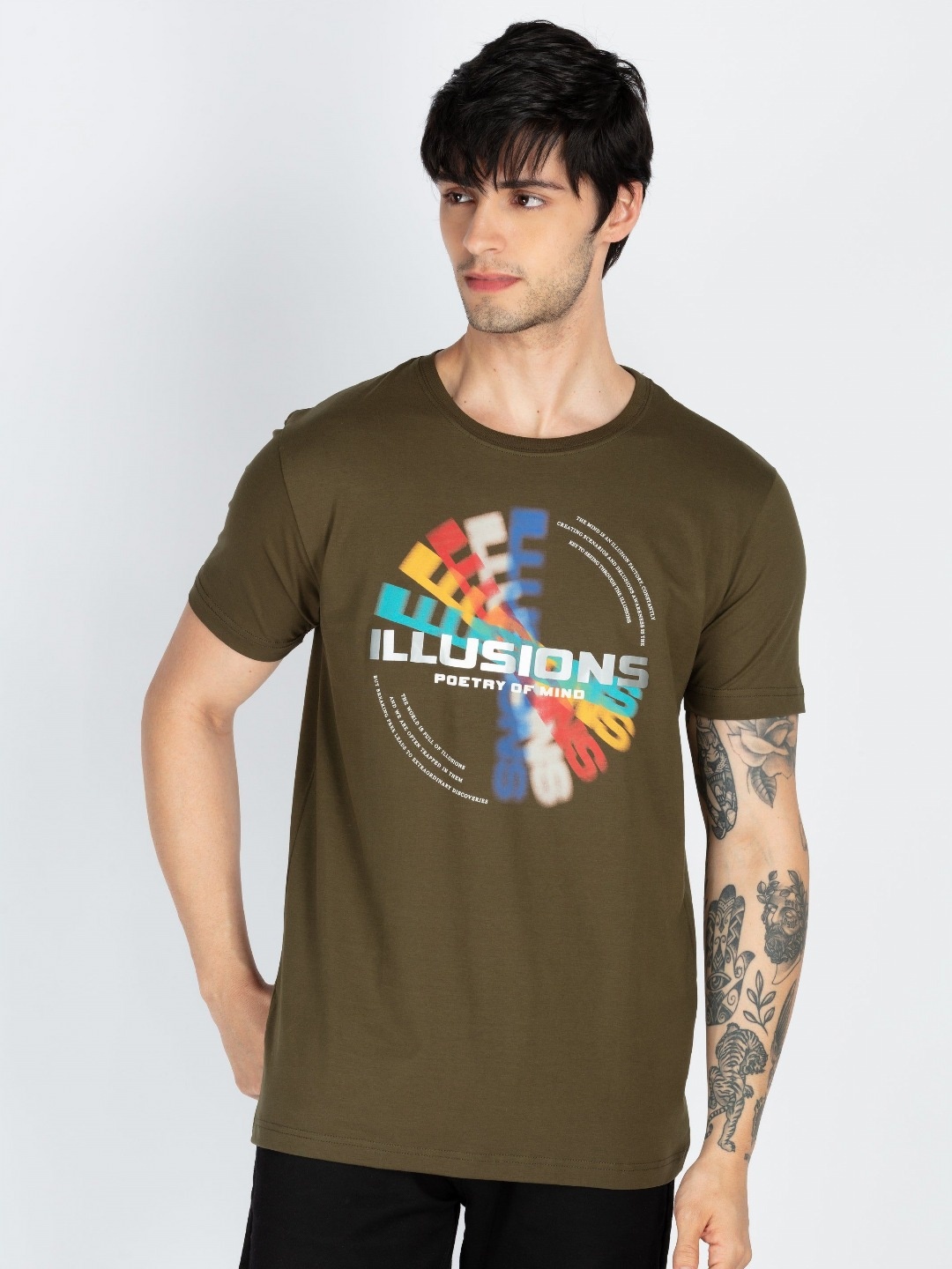 

Status Quo Men Graphic Printed Round Neck Cotton T-shirt, Olive