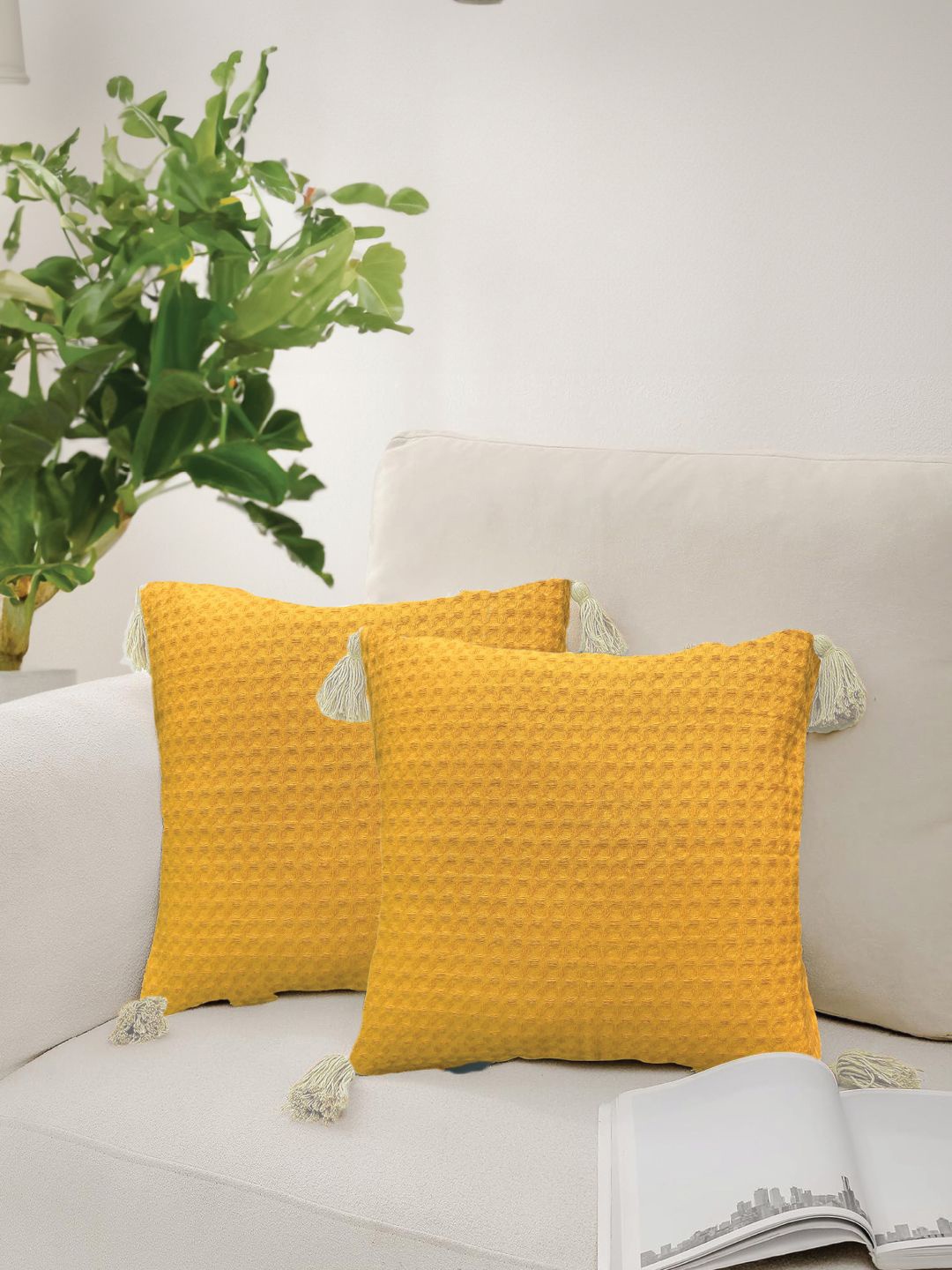 

URBAN SPACE Mustard Yellow 2 Pieces Checked Pure Cotton Square Cushion Covers