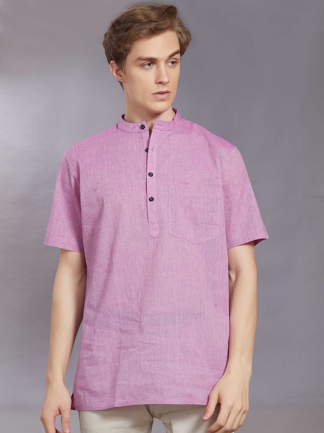 

DIVISIVE Woven Design Band Collar Pure Cotton Straight Kurta, Lavender