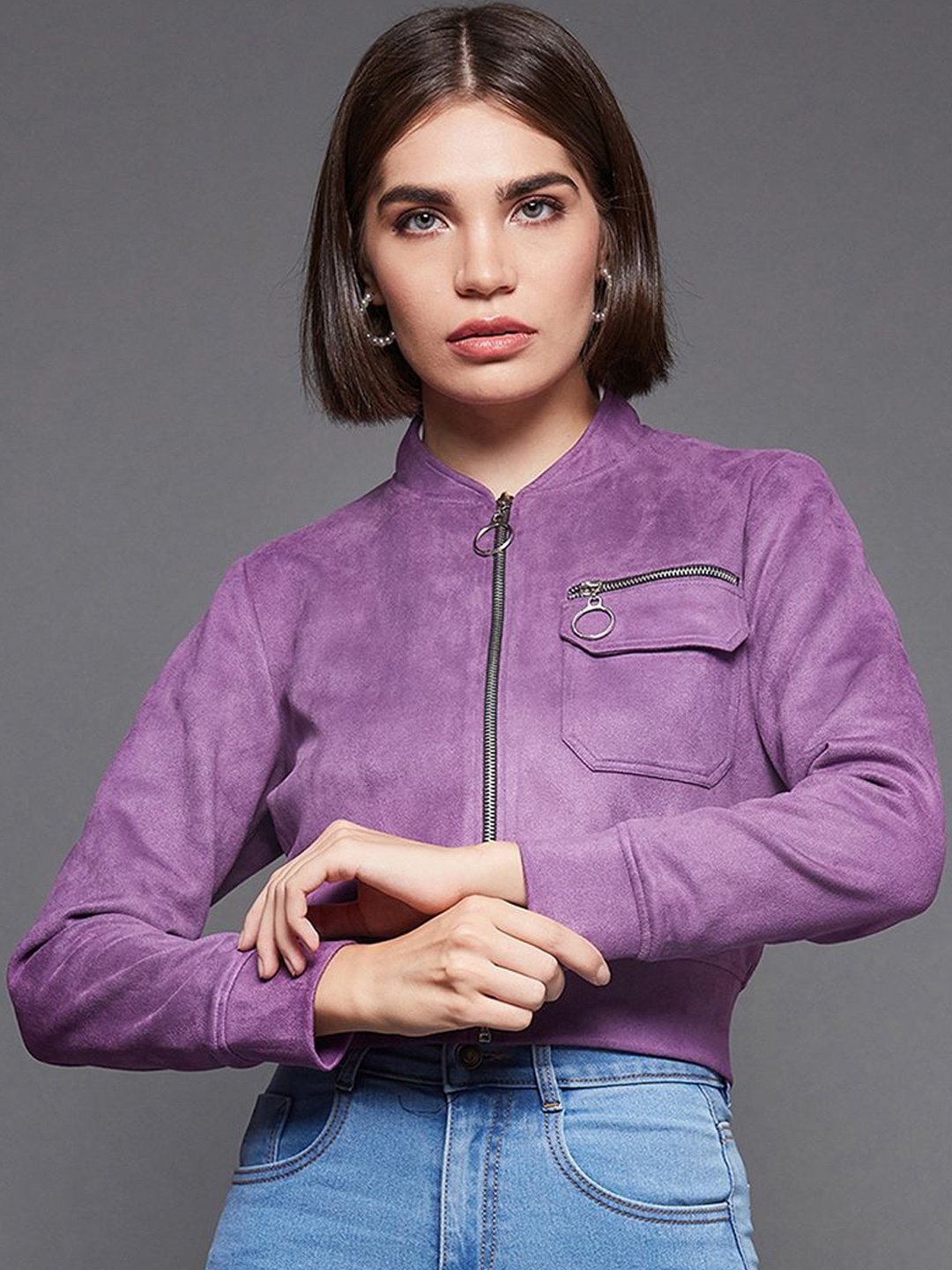 

BAESD Women Mandarin Collar Full-Sleeve Solid Crop Jacket, Lavender