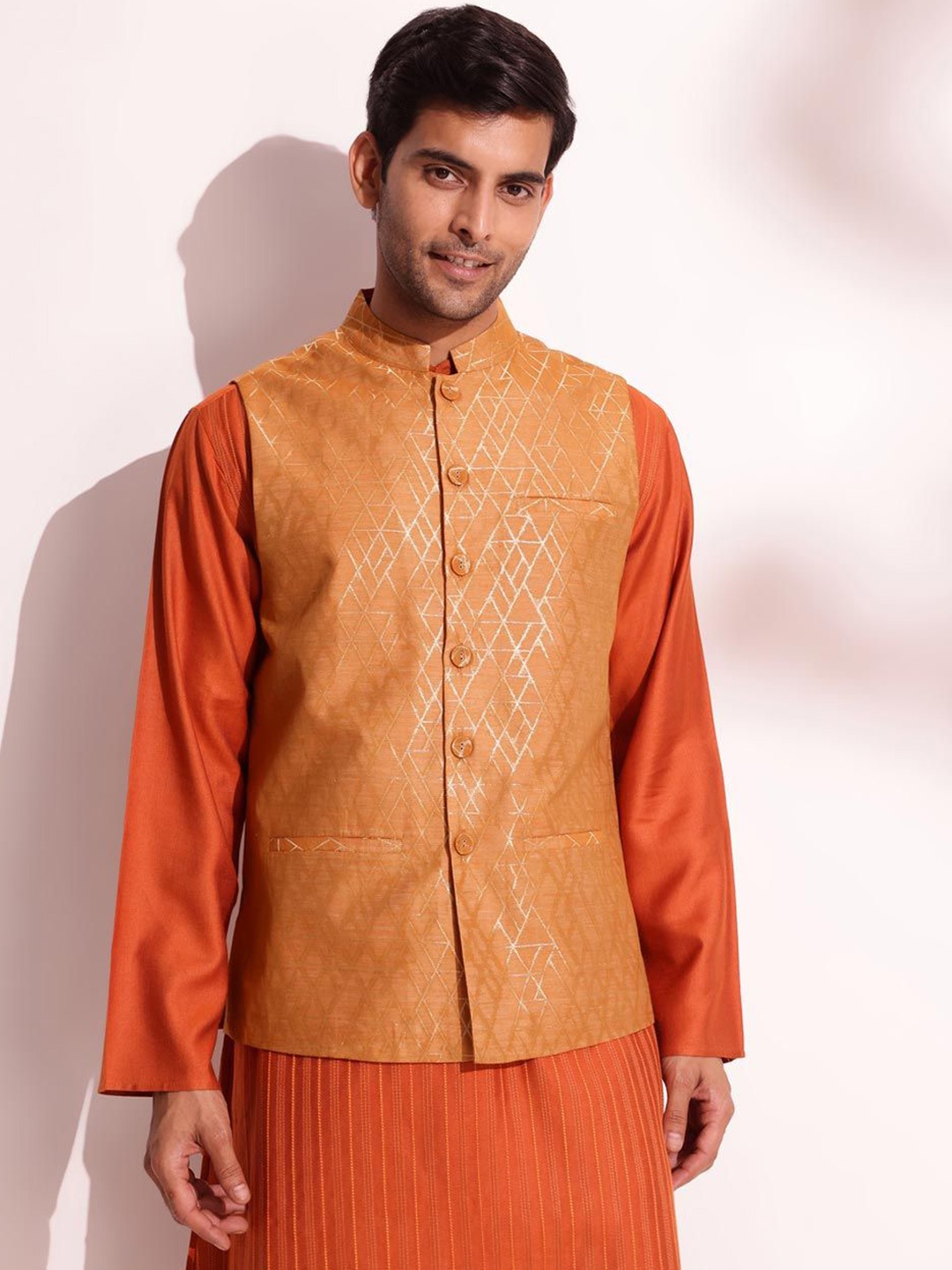 

Fabindia Men Printed Nehru Jacket, Mustard