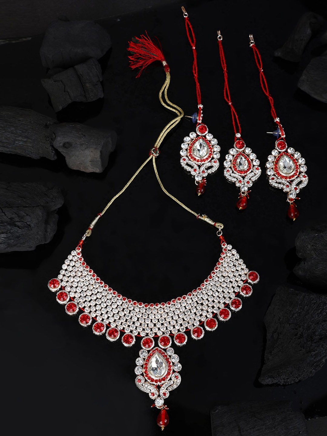 

ANIKAS CREATION Gold-Plated Stone-Studded & Beaded Jewellery Set