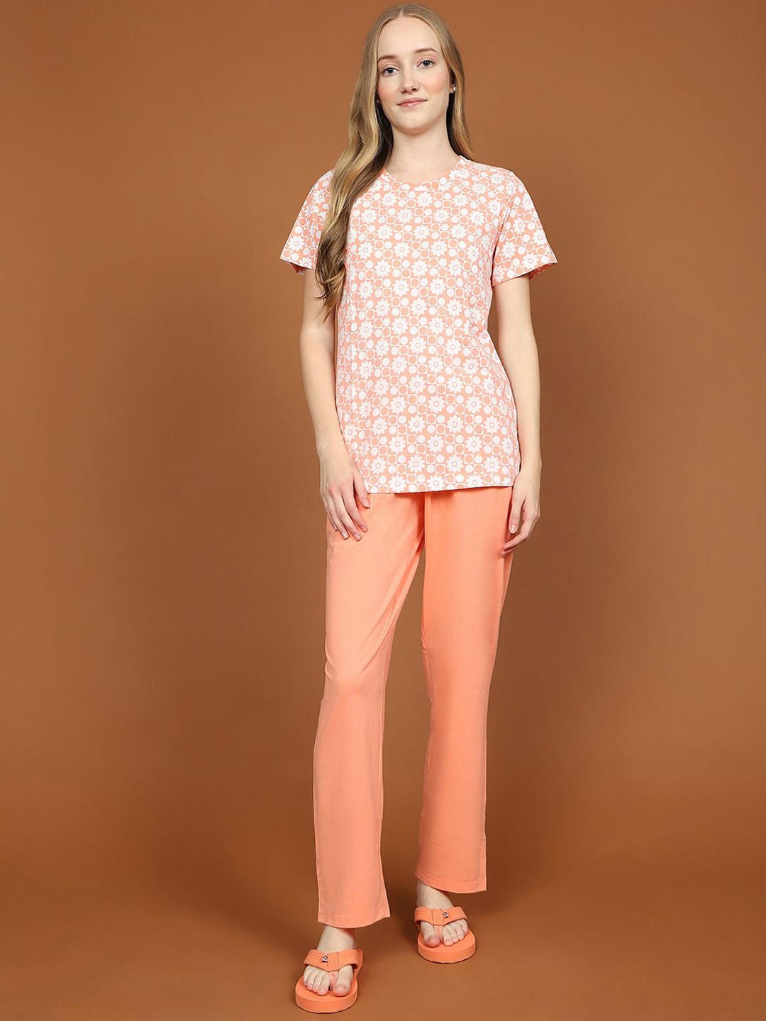 

MADAME M SECRET Women Short Sleeves Printed Night suit, Orange